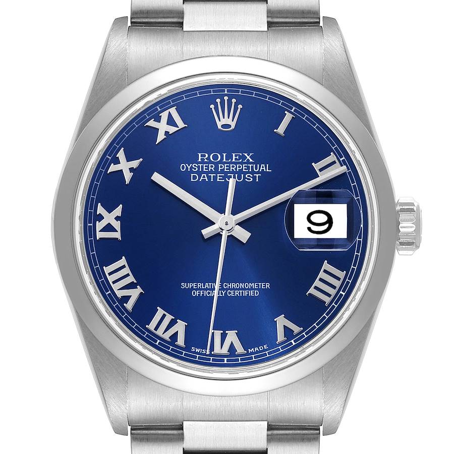 Rolex Datejust 36 Blue Roman Dial Steel Mens Watch 16200 SwissWatchExpo