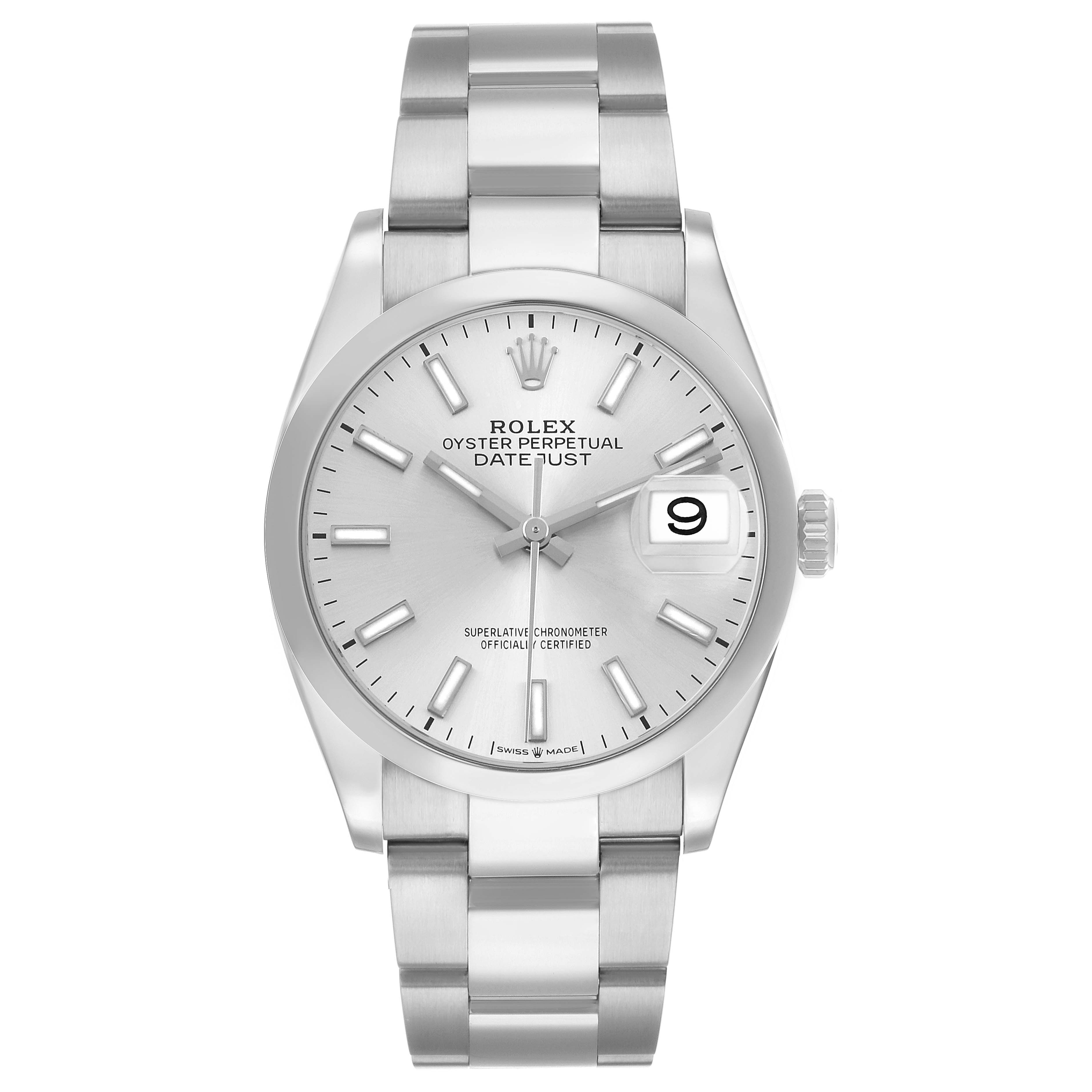 The Rolex Datejust 126200 Men's Stainless Steel Silver Dial watch is shown from a front angle, displaying its dial, bezel, bracelet, and date window.