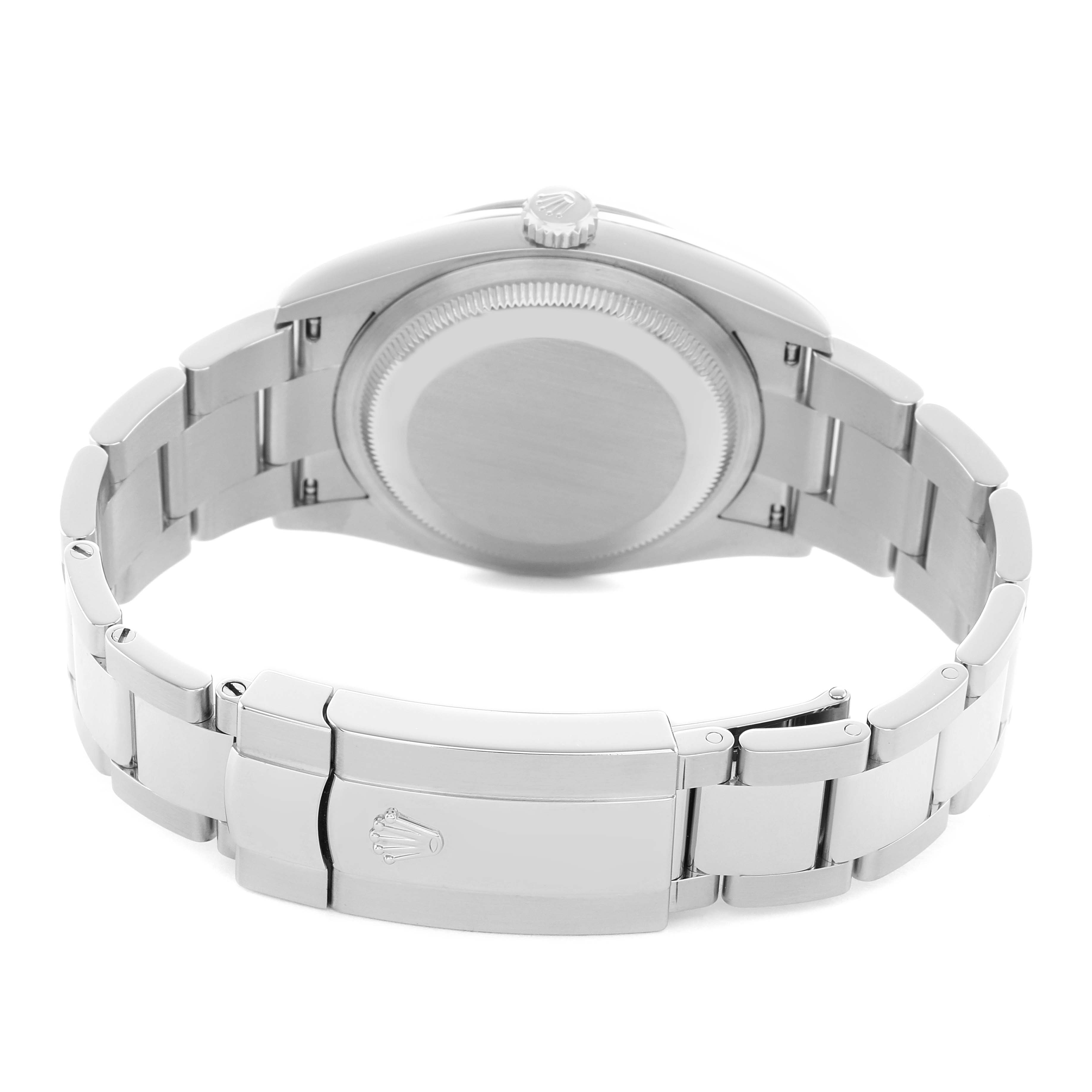 The image shows the back and bracelet of a Rolex Datejust 126200 Men's Stainless Steel Silver Dial, highlighting the clasp and case back.