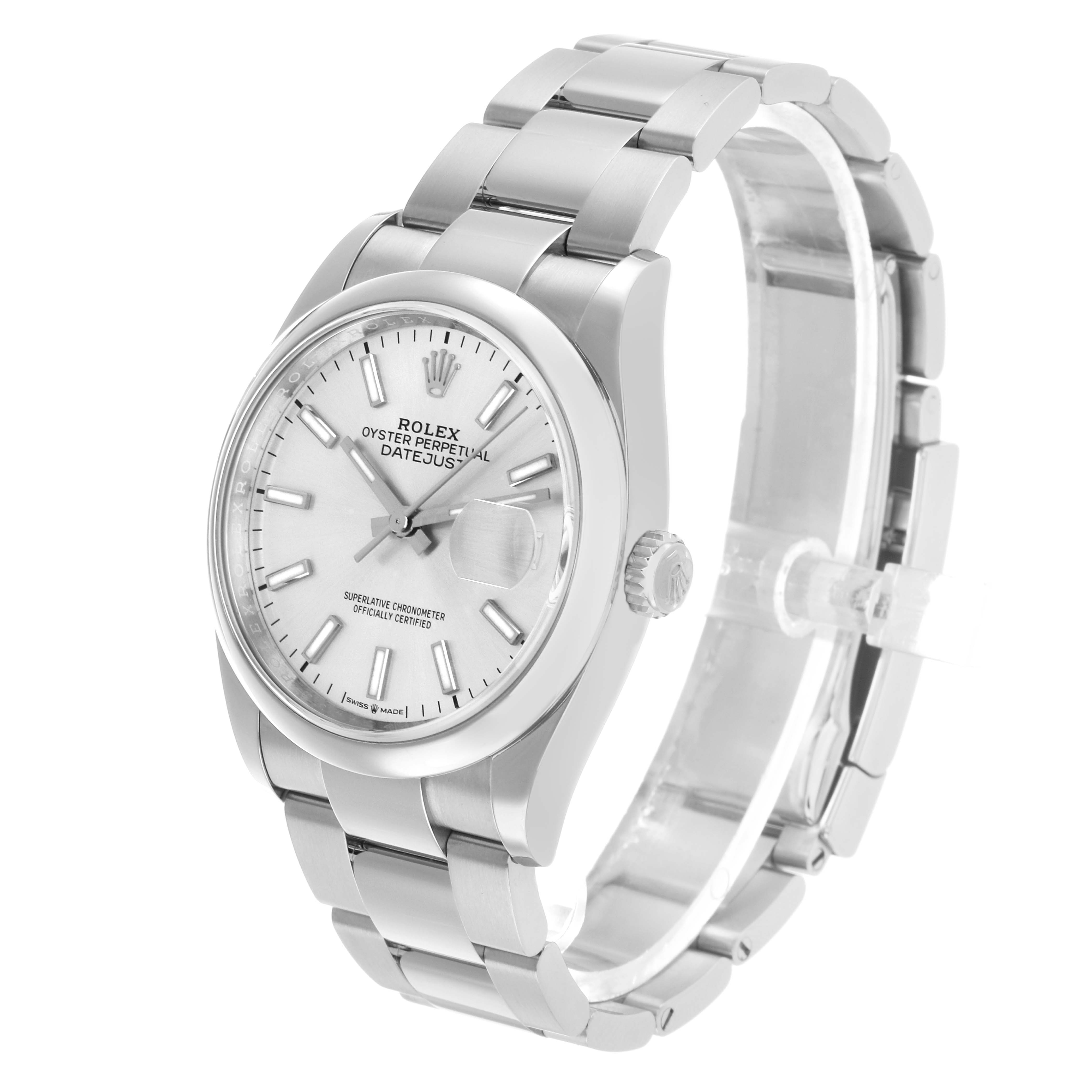 The Rolex Datejust 126200 Men's Stainless Steel Silver Dial watch is shown at a three-quarter angle, displaying the dial, case, bracelet, and crown.
