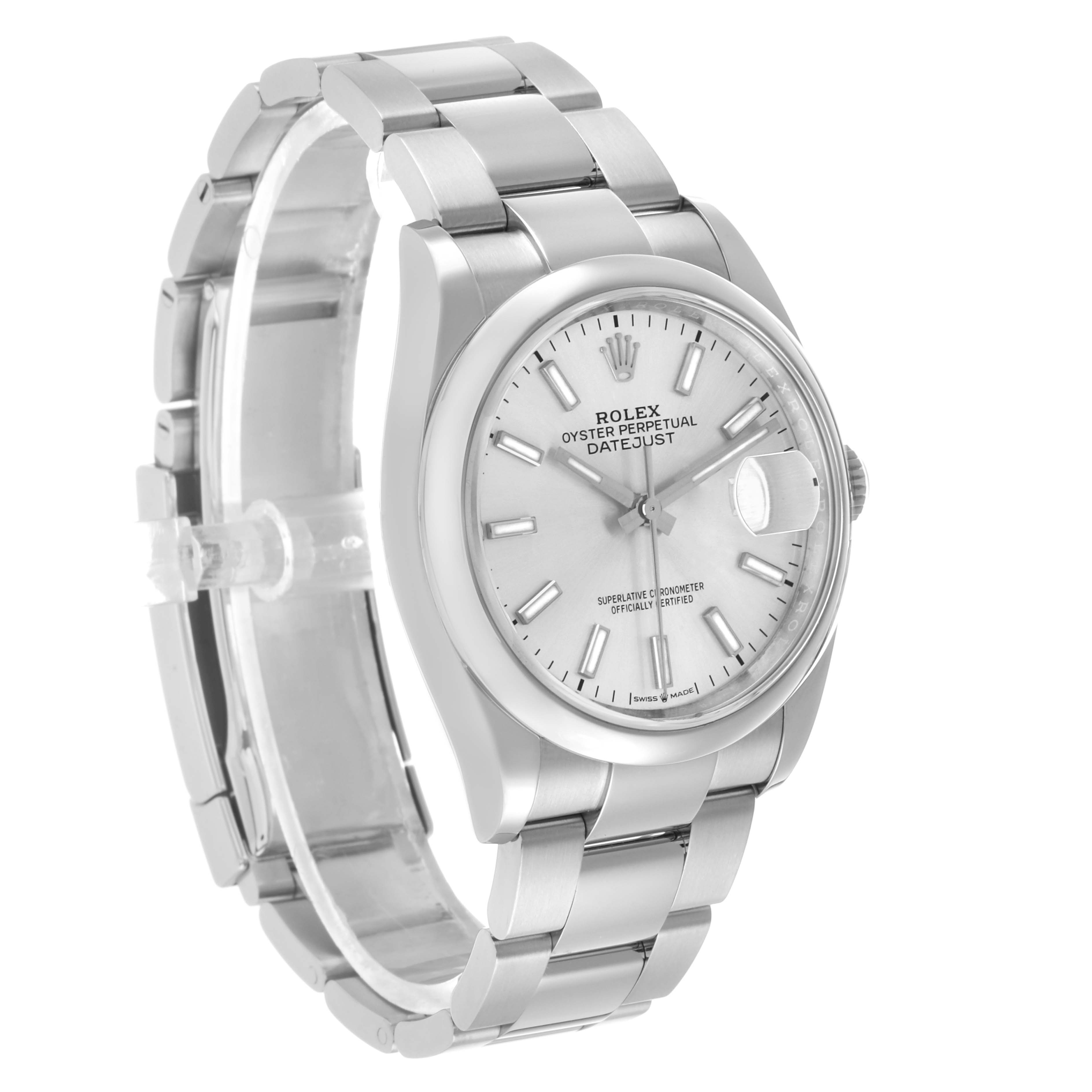 The Rolex Datejust 126200 Men's Stainless Steel Silver Dial watch is shown at a slight angle, highlighting the dial, bezel, case, and part of the bracelet.