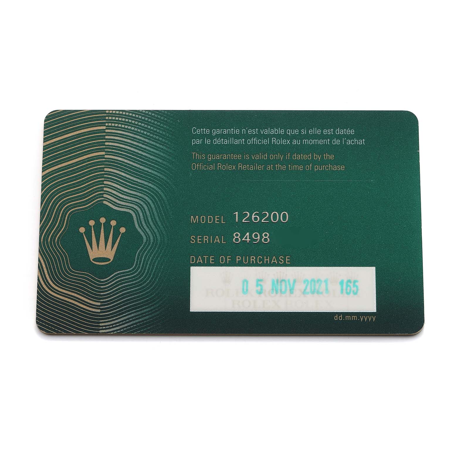 The image features a Rolex Datejust 126200 Men's Stainless Steel Silver Dial warranty card, showing the model and serial number.