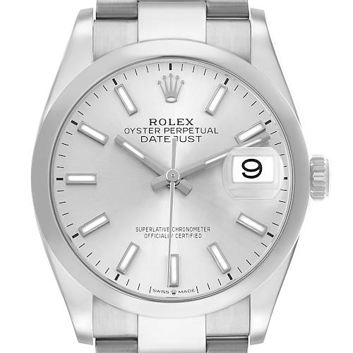 The image shows a front view of the Rolex Datejust 126200 Men's Stainless Steel Silver Dial, displaying its dial, hands, date window, and part of the bracelet.