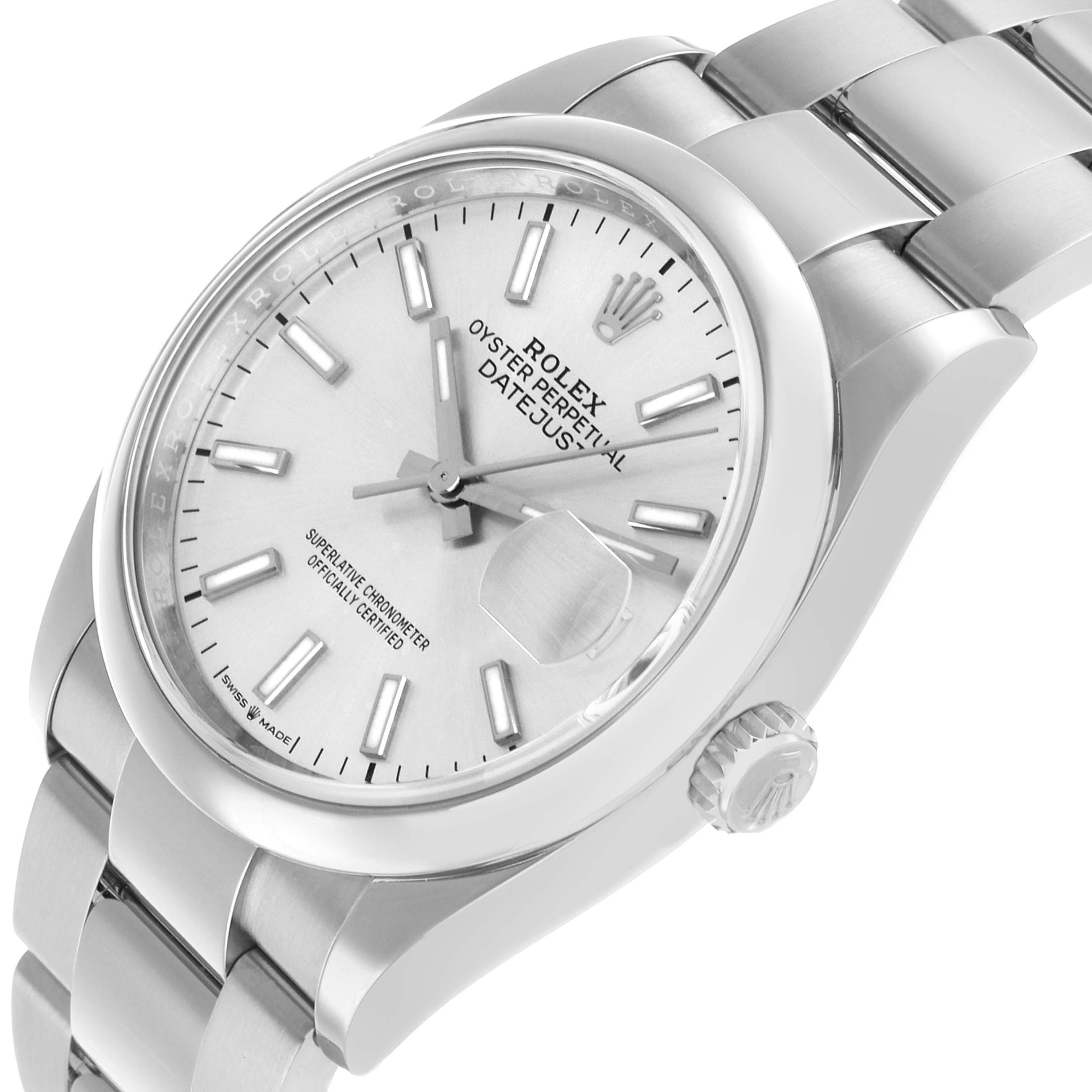 The Rolex Datejust 126200 Men's Stainless Steel Silver Dial watch is shown from a top-side angle, highlighting the dial, bezel, crown, and part of the bracelet.