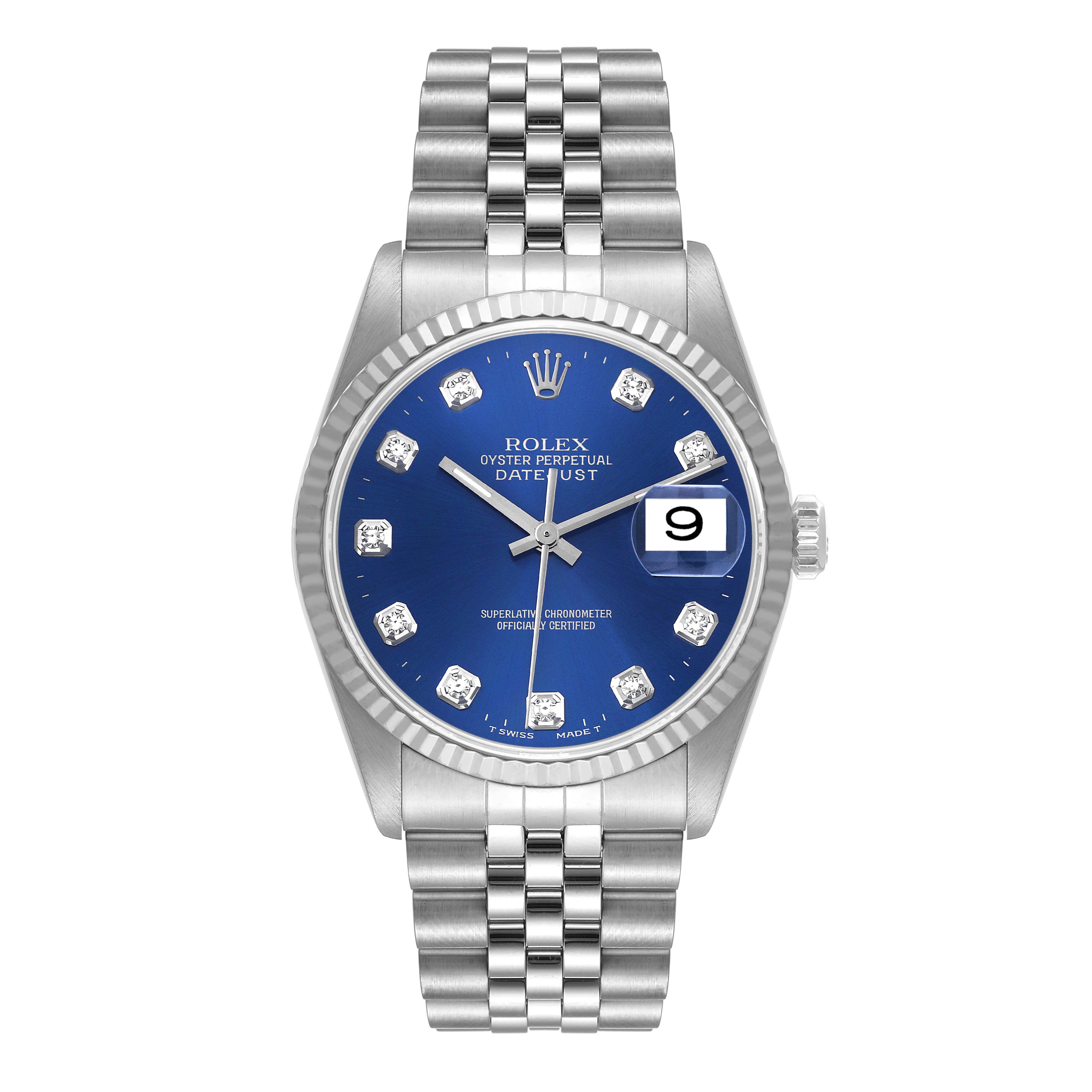 The image shows a frontal view of a Rolex Datejust 16234 Men's Stainless Steel Blue Dial 16234 Men's Stainless Steel Blue Dial watch with a blue dial and jubilee bracelet.