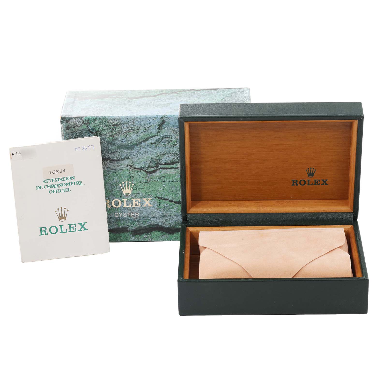 The image shows a Rolex Datejust 16234 Men's Stainless Steel Blue Dial 16234 Men's Stainless Steel Blue Dial watch box, its cover, and a certificate booklet.