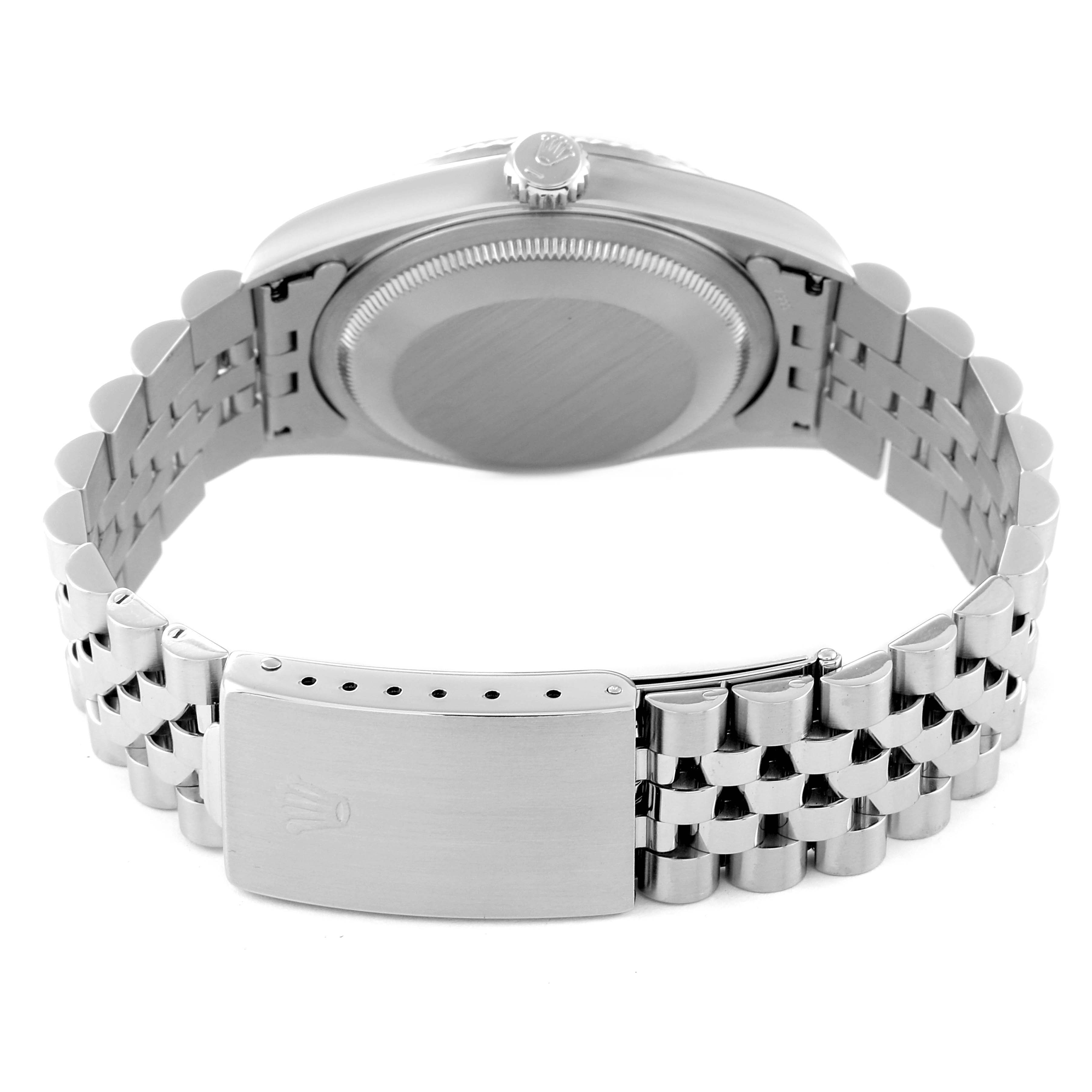 This image shows the rear view of a Rolex Datejust 16234 Men's Stainless Steel Blue Dial 16234 Men's Stainless Steel Blue Dial watch, focusing on the case back and the bracelet clasp.