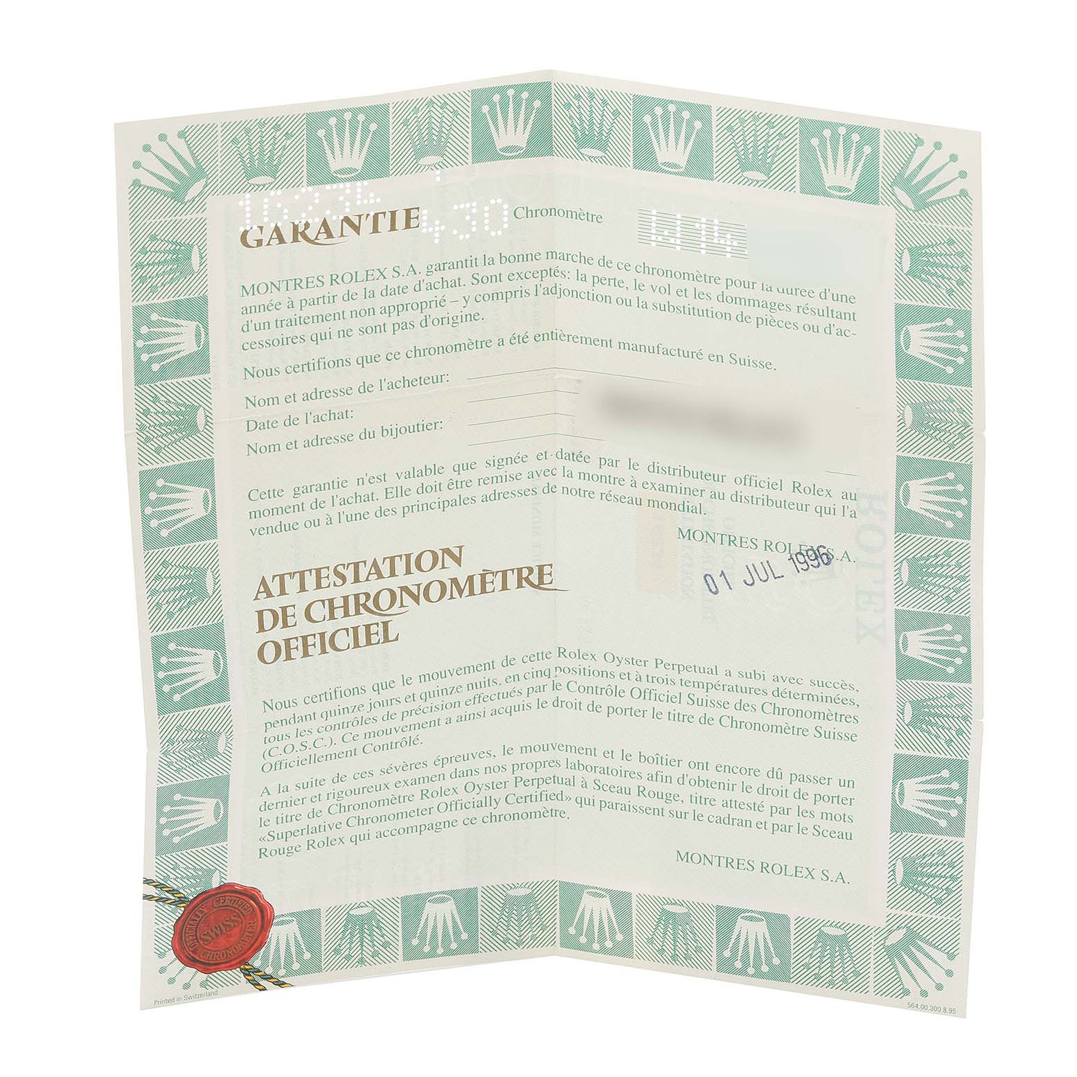 The image shows a warranty and certification document for a Rolex Datejust 16234 Men's Stainless Steel Blue Dial 16234 Men's Stainless Steel Blue Dial watch.