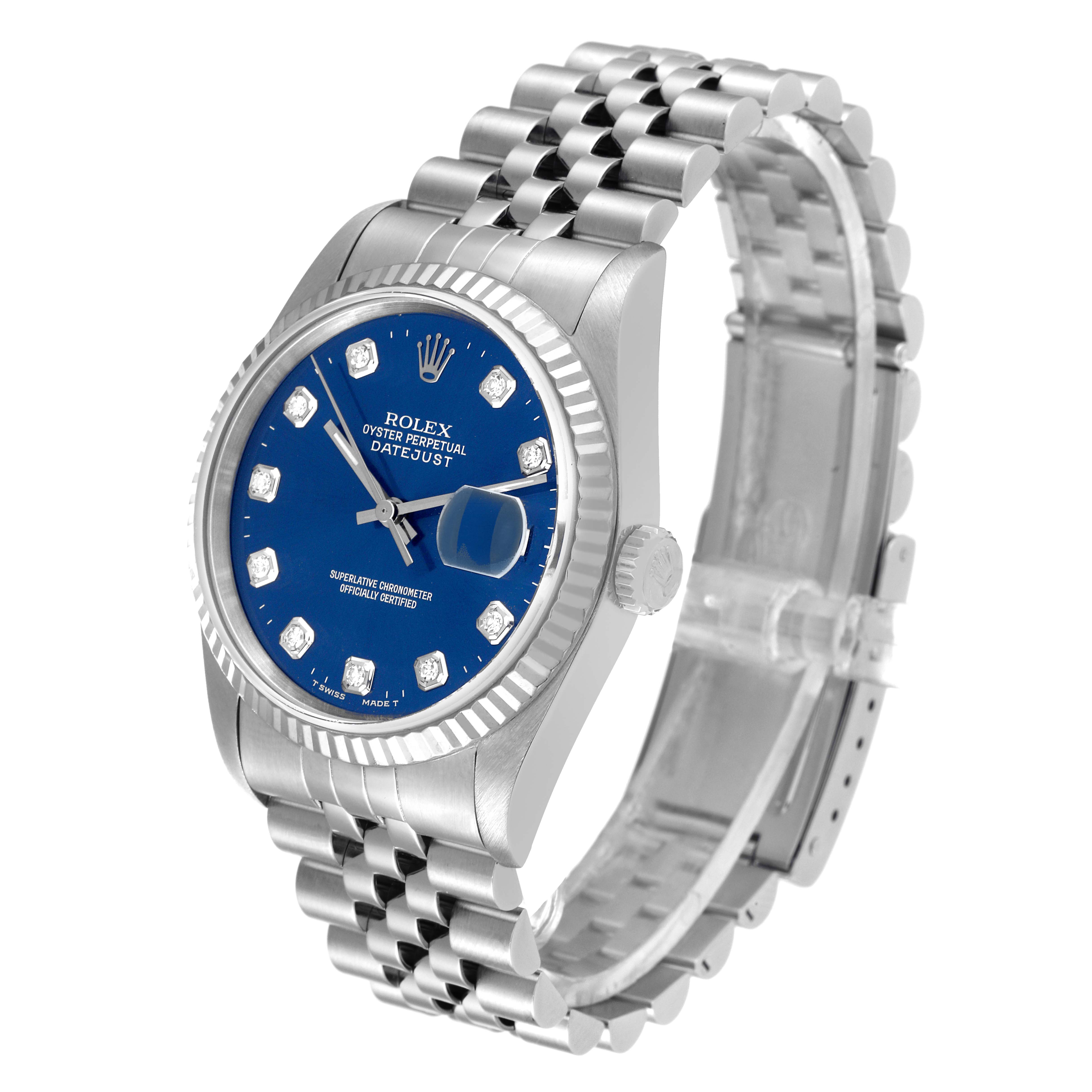 The Rolex Datejust 16234 Men's Stainless Steel Blue Dial 16234 Men's Stainless Steel Blue Dial watch is shown at a three-quarter angle, displaying the face, steel bracelet, and side profile.