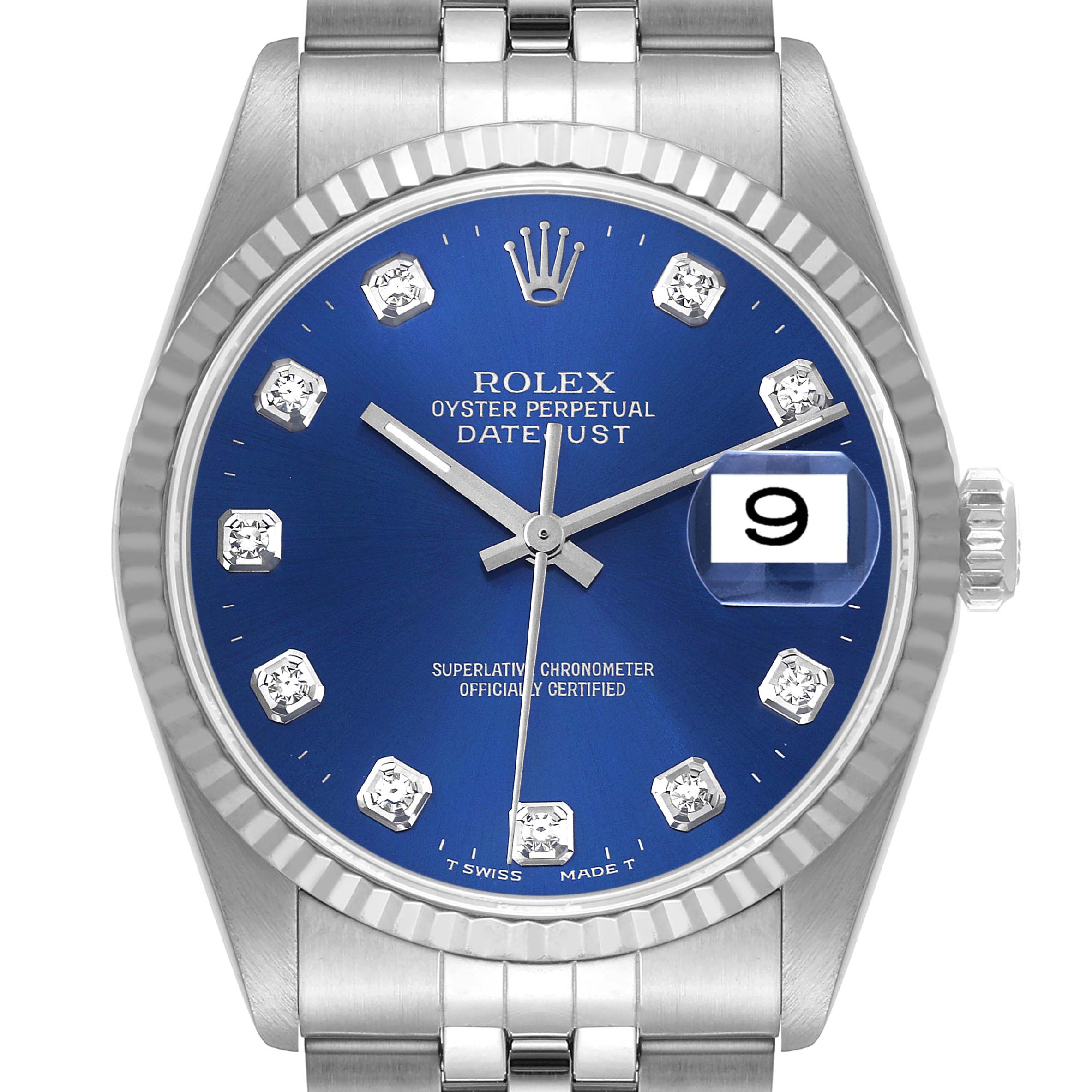 This image shows a front view of a Rolex Datejust 16234 Men's Stainless Steel Blue Dial 16234 Men's Stainless Steel Blue Dial watch with a blue dial and diamond hour markers.