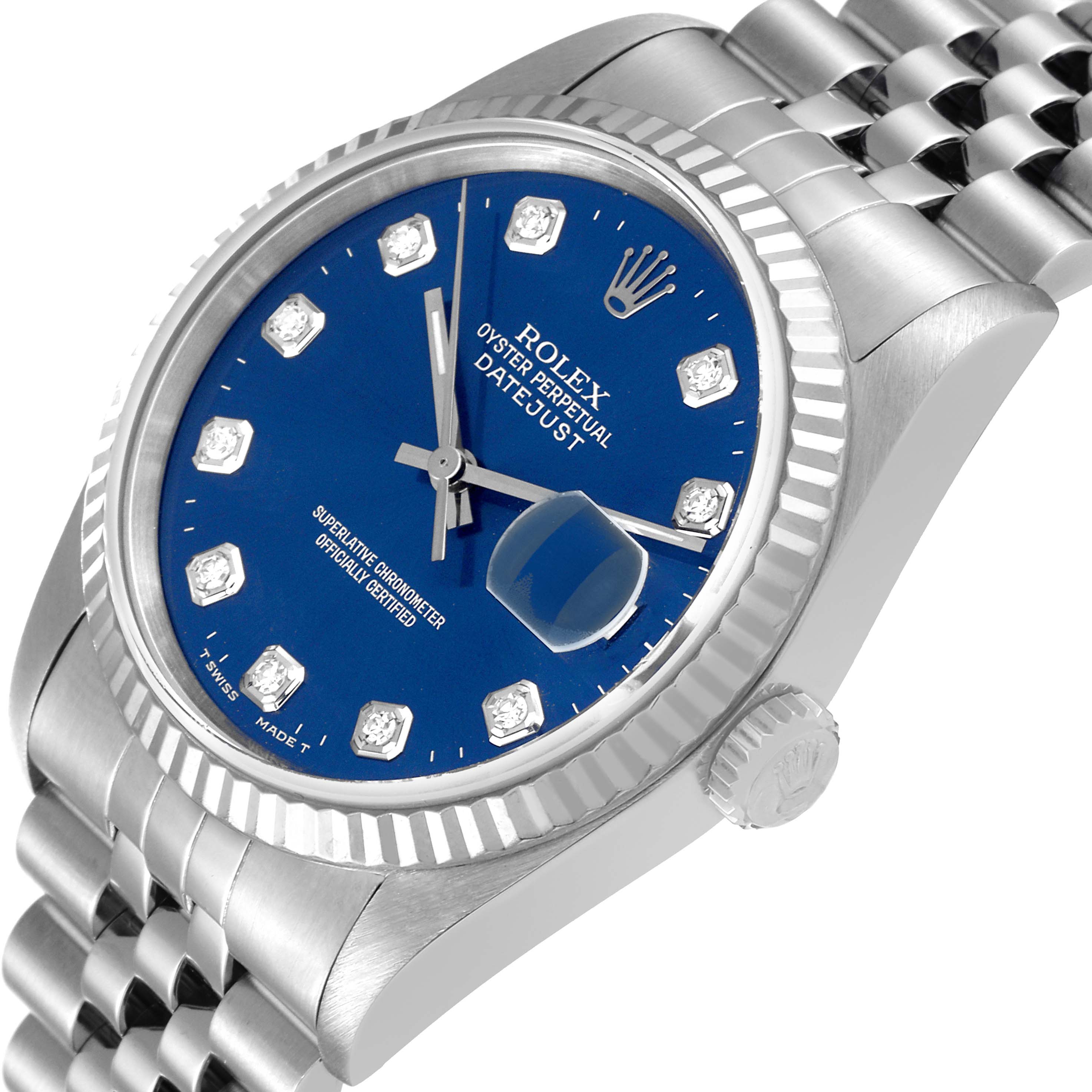 The image shows a Rolex Datejust 16234 Men's Stainless Steel Blue Dial 16234 Men's Stainless Steel Blue Dial watch from an angled side view highlighting the blue dial, bezel, and part of the bracelet.