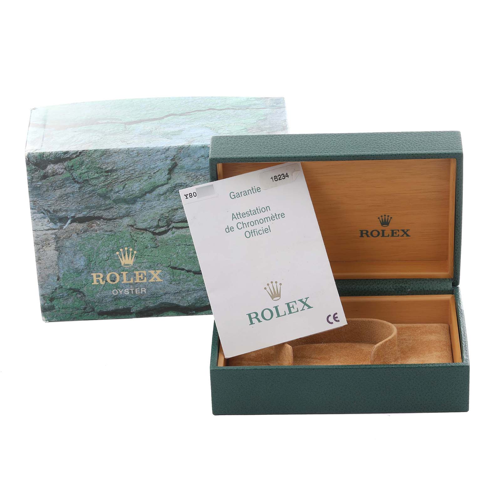 The image shows an open Rolex Datejust 16234 Men's Stainless Steel Silver Dial 16234 Men's Stainless Steel Silver Dial box at an angle, with the inner cushion and warranty papers visible.