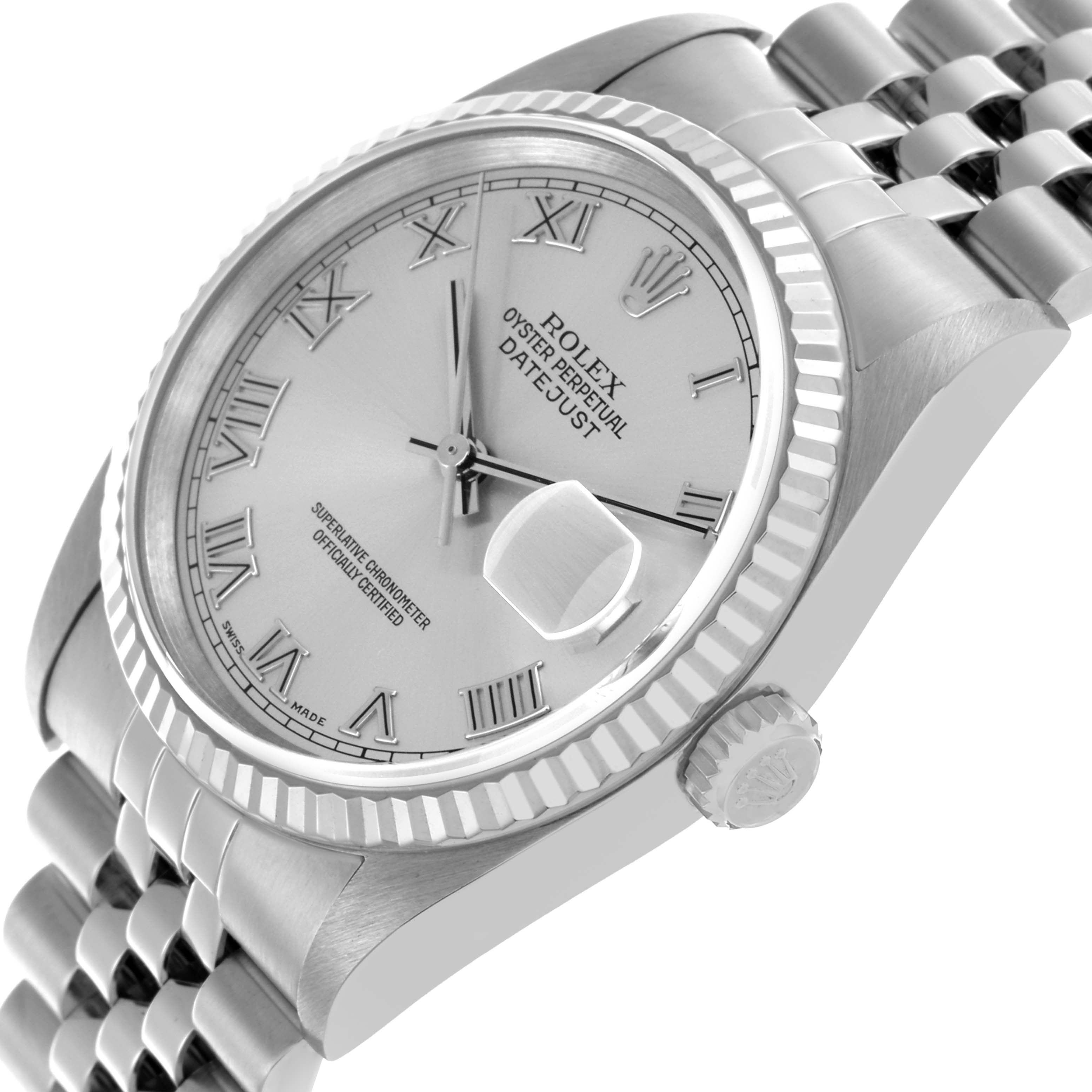 The Rolex Datejust 16234 Men's Stainless Steel Silver Dial 16234 Men's Stainless Steel Silver Dial watch is shown at an angled view, highlighting the face, bezel, crown, and part of the bracelet.
