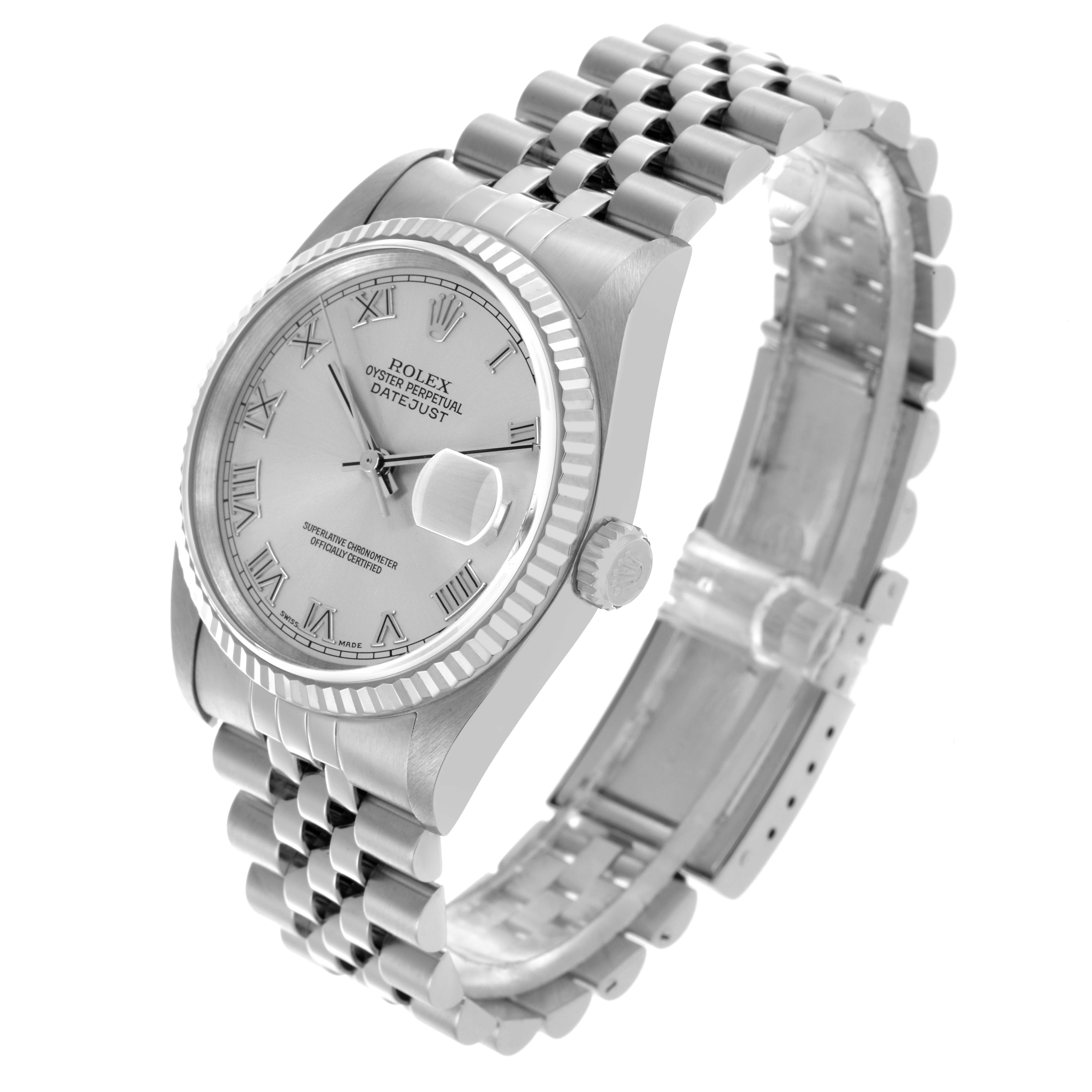 The Rolex Datejust 16234 Men's Stainless Steel Silver Dial 16234 Men's Stainless Steel Silver Dial watch is shown at an angled view, highlighting its dial, bezel, crown, and jubilee bracelet.