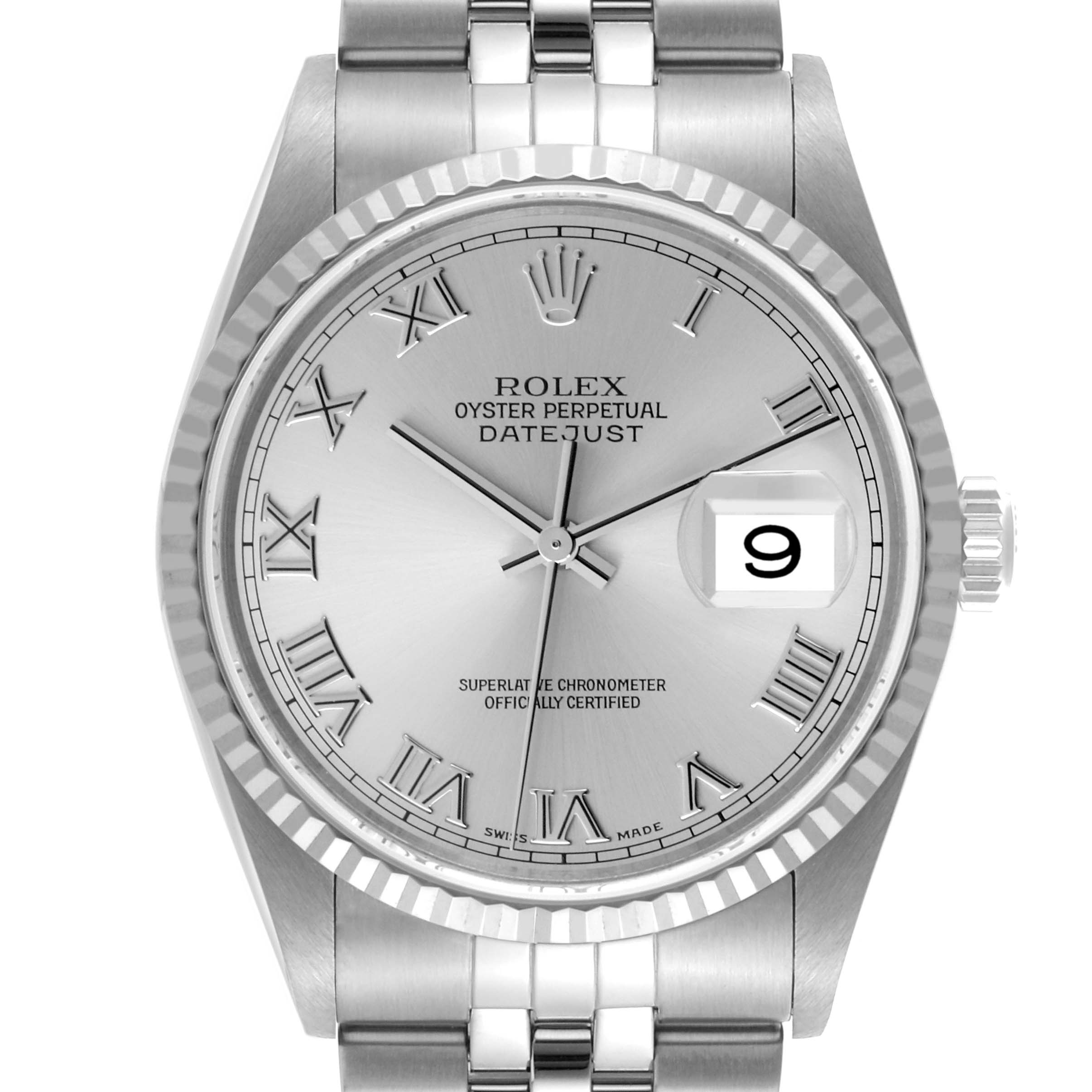 The image shows a front view of the Rolex Datejust 16234 Men's Stainless Steel Silver Dial 16234 Men's Stainless Steel Silver Dial watch, displaying the dial, hands, bezel, and part of the bracelet.