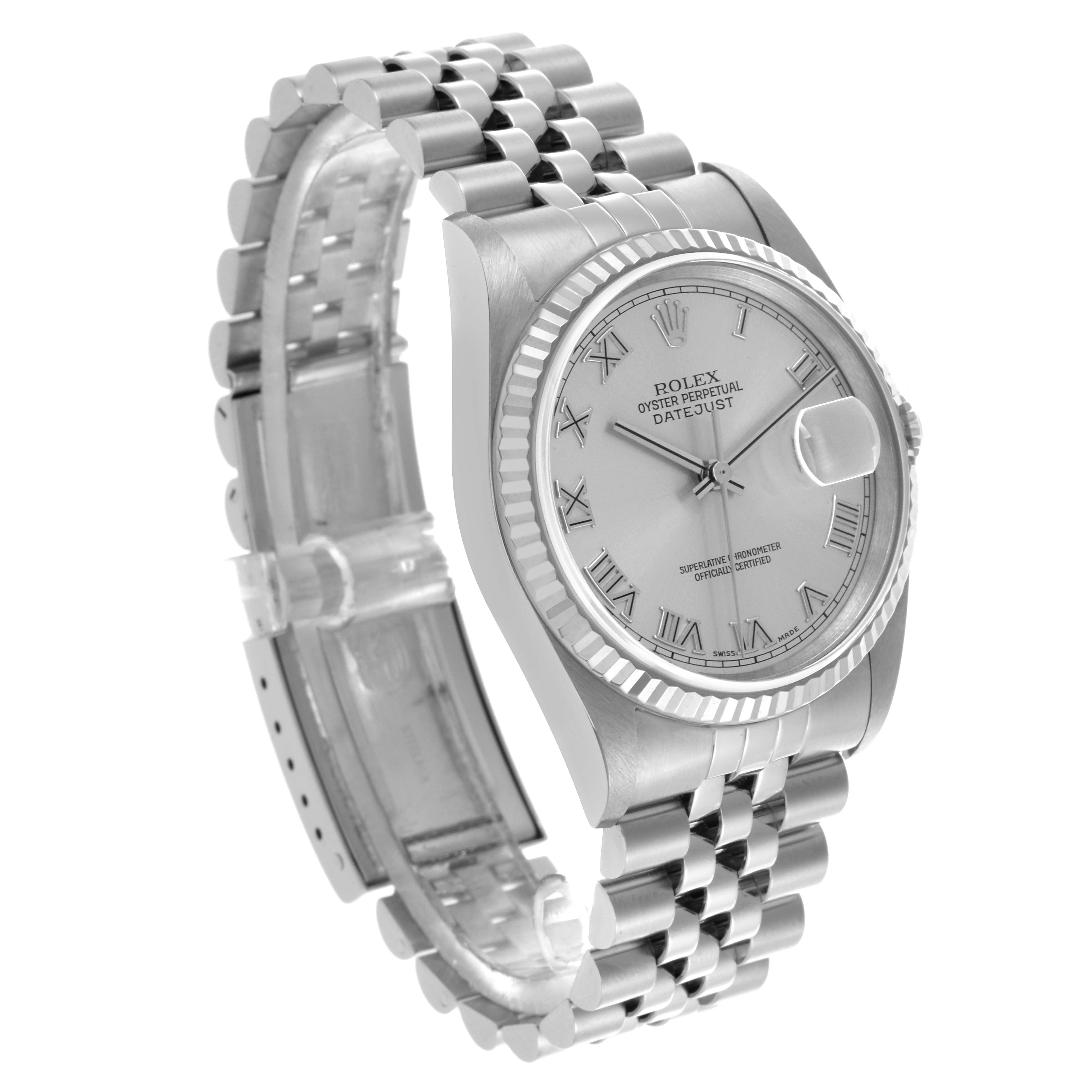 The image shows a side perspective of a Rolex Datejust 16234 Men's Stainless Steel Silver Dial 16234 Men's Stainless Steel Silver Dial watch, highlighting the dial, bezel, bracelet, and Roman numeral markers.