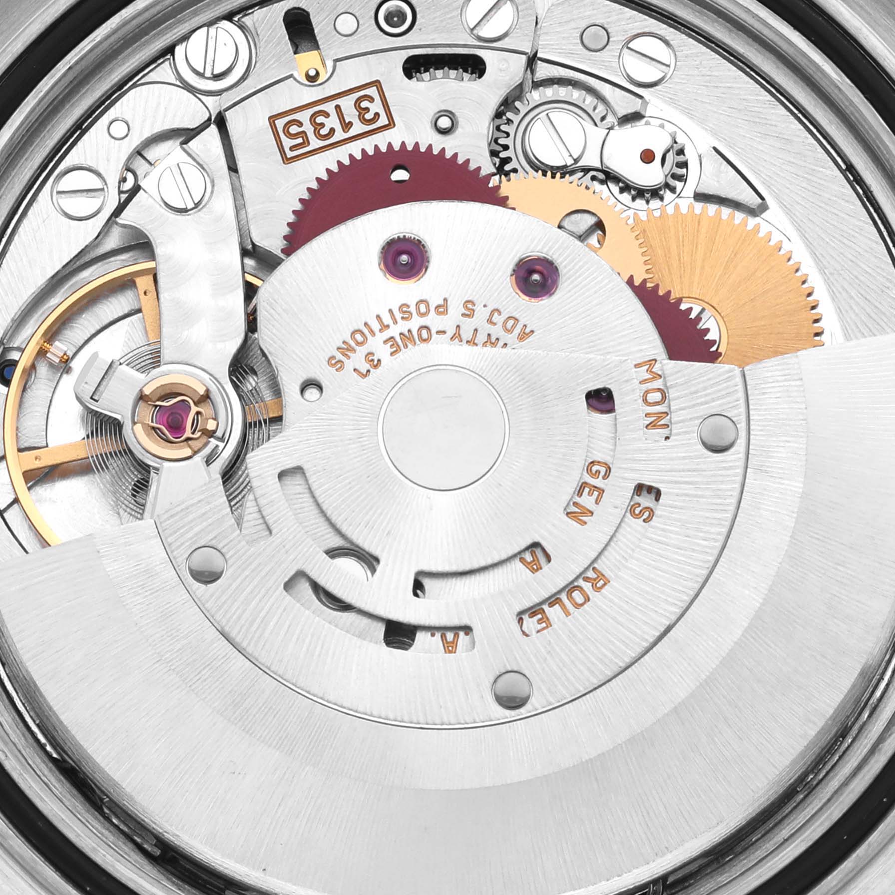 The image shows the intricate movement mechanism of a Rolex Datejust 16234 Men's Stainless Steel Silver Dial 16234 Men's Stainless Steel Silver Dial, highlighting gears and components.