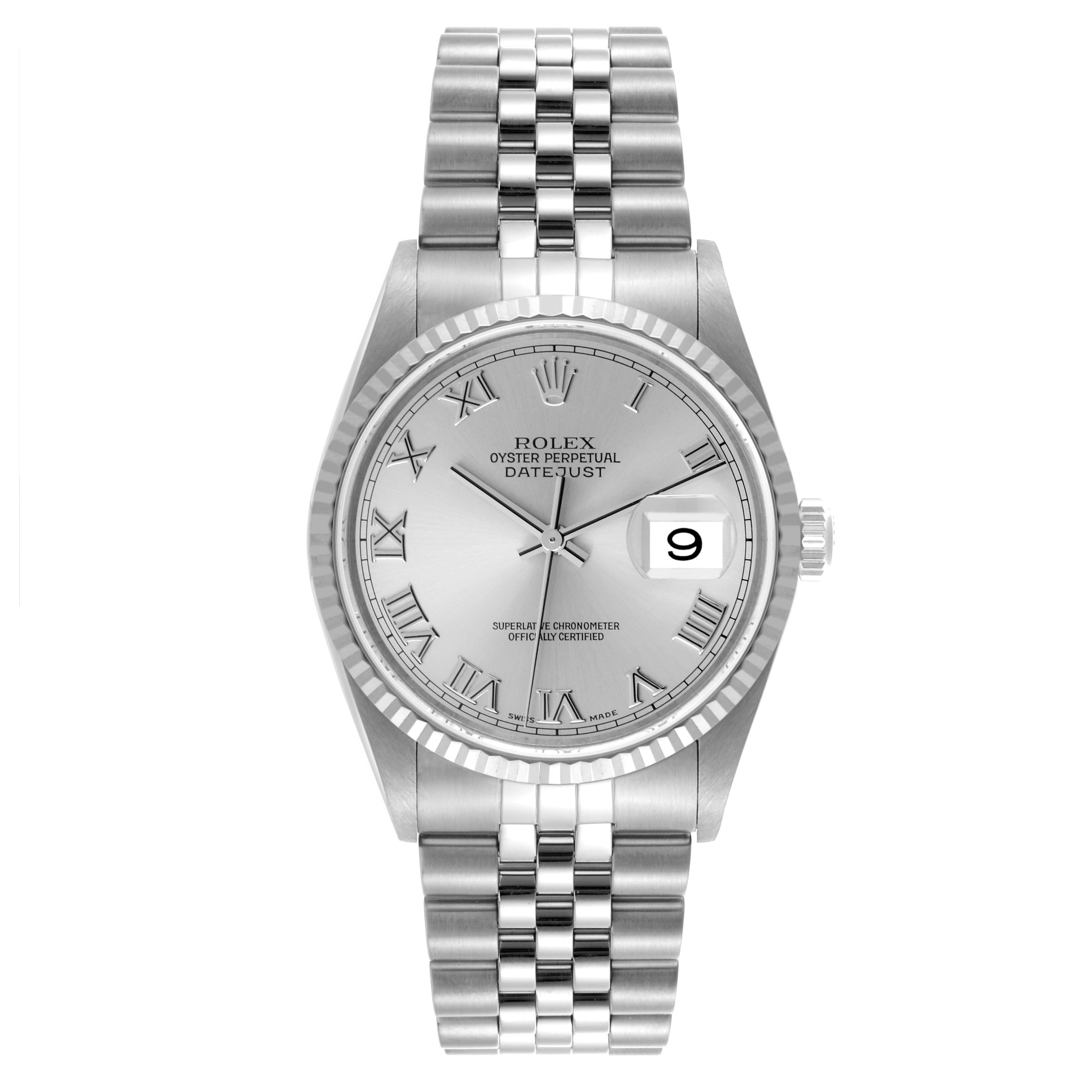 The Rolex Datejust 16234 Men's Stainless Steel Silver Dial 16234 Men's Stainless Steel Silver Dial watch is shown from the front, highlighting the dial, bezel, bracelet, and cyclops date window.