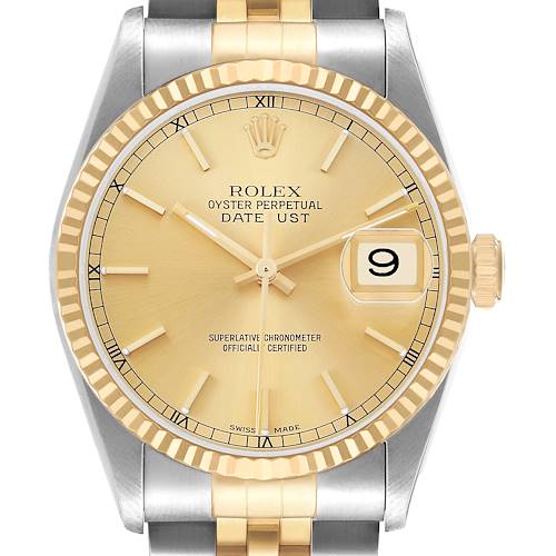 The Rolex Datejust 16233 Men's Steel and Gold (two tone) Champagne Dial watch is shown from the front, displaying the dial, fluted bezel, and part of the bracelet.