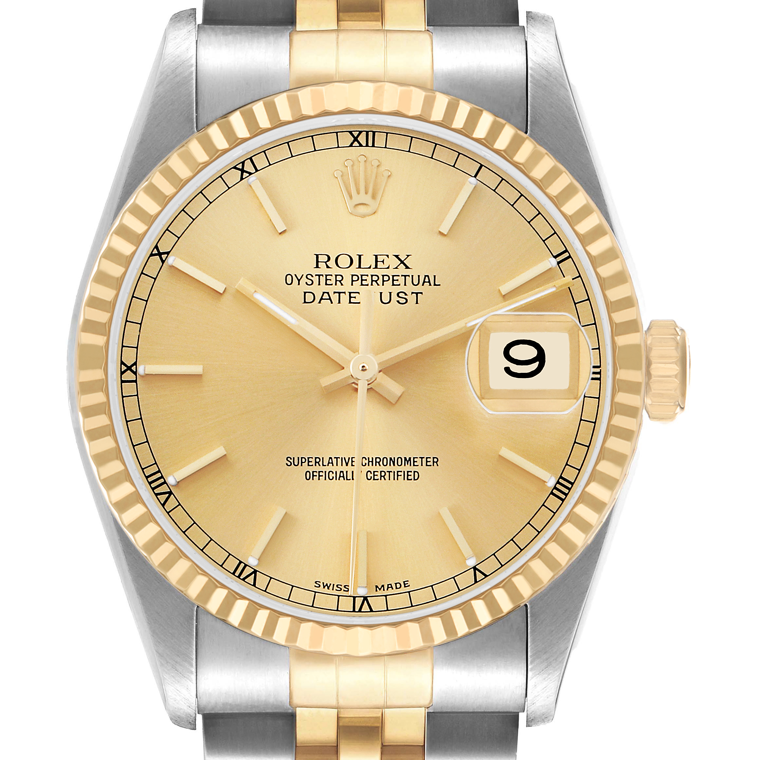The Rolex Datejust 16233 Men's Steel and Gold (two tone) Champagne Dial watch is shown from a front angle, highlighting the bezel, dial, markers, hands, and date window.
