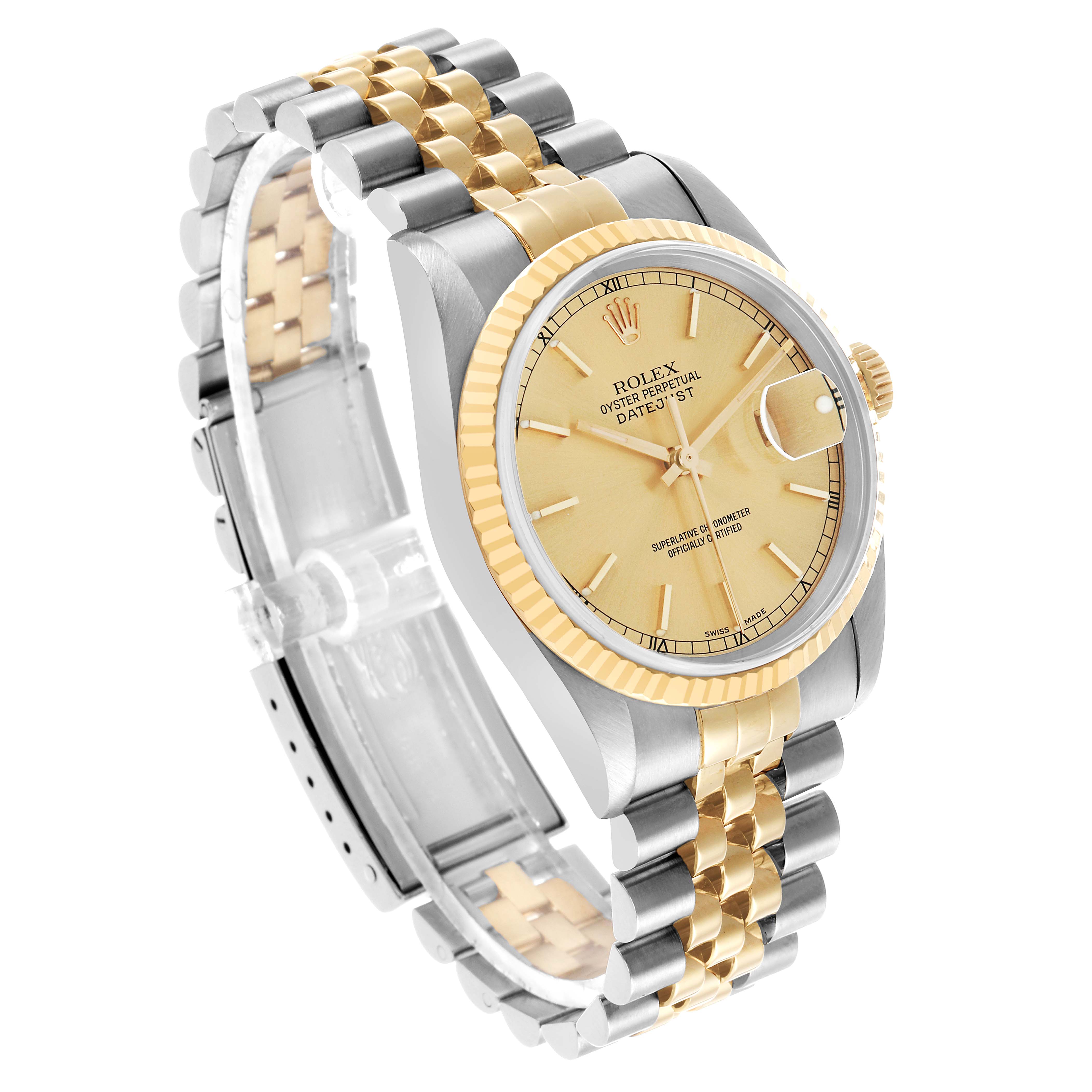 The Rolex Datejust 16233 Men's Steel and Gold (two tone) Champagne Dial watch is shown from an angled side view, featuring its gold and silver jubilee bracelet, fluted bezel, and champagne dial.