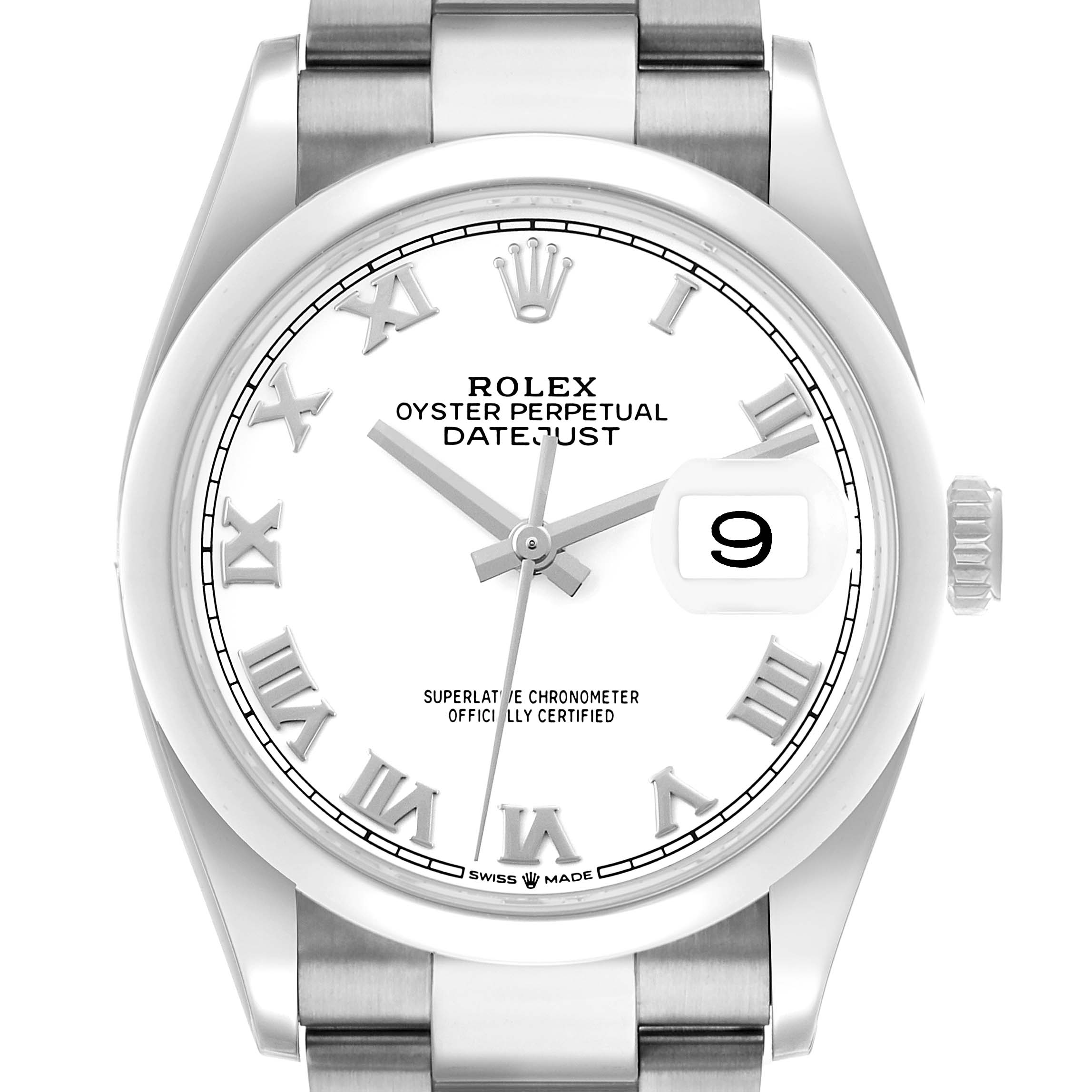 The image shows a Rolex Datejust 126200 Men's Stainless Steel White Dial watch from a front angle, highlighting the dial, bezel, crown, and bracelet.