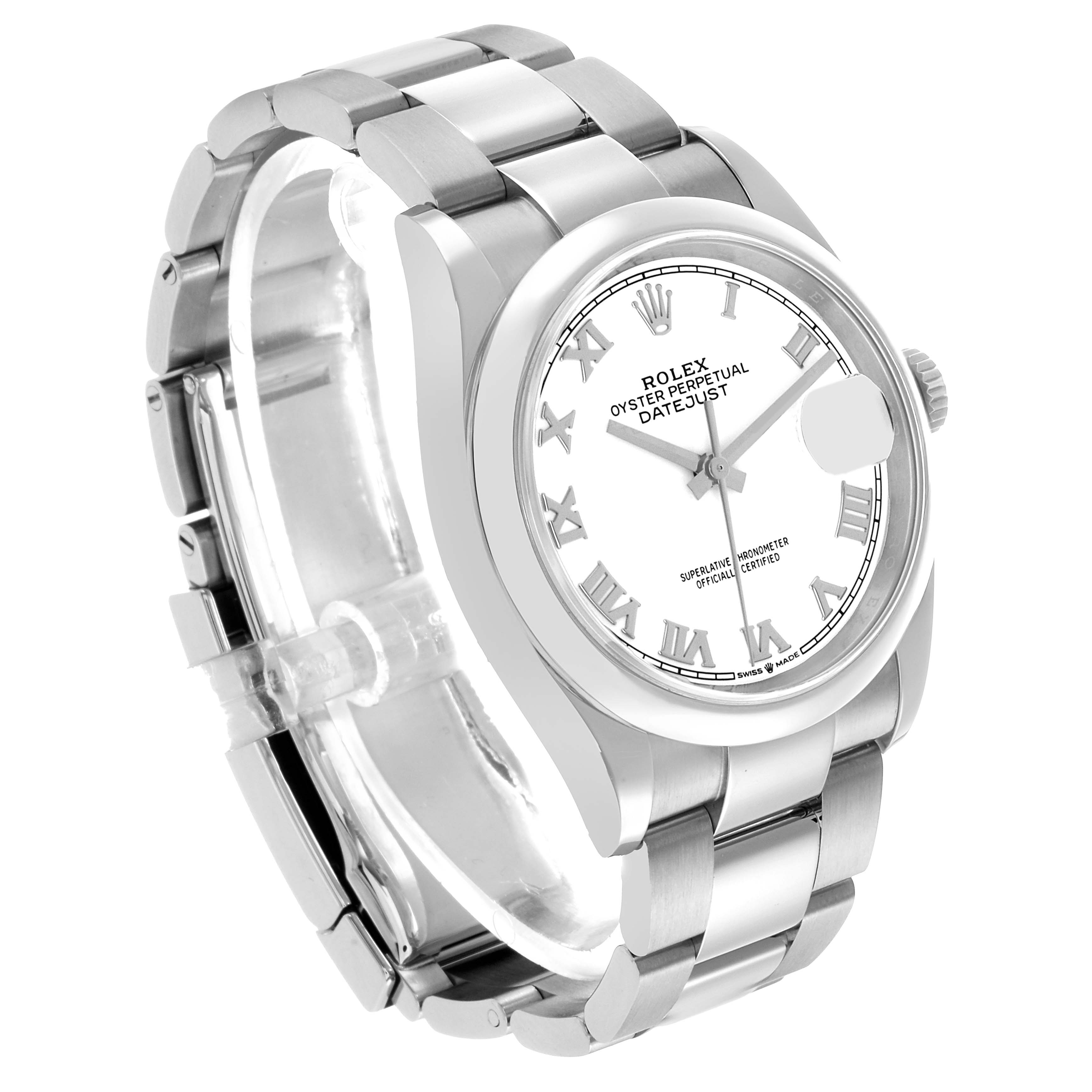 The Rolex Datejust 126200 Men's Stainless Steel White Dial watch is shown at a slight angle, displaying the dial, bezel, case, crown, and part of the bracelet.