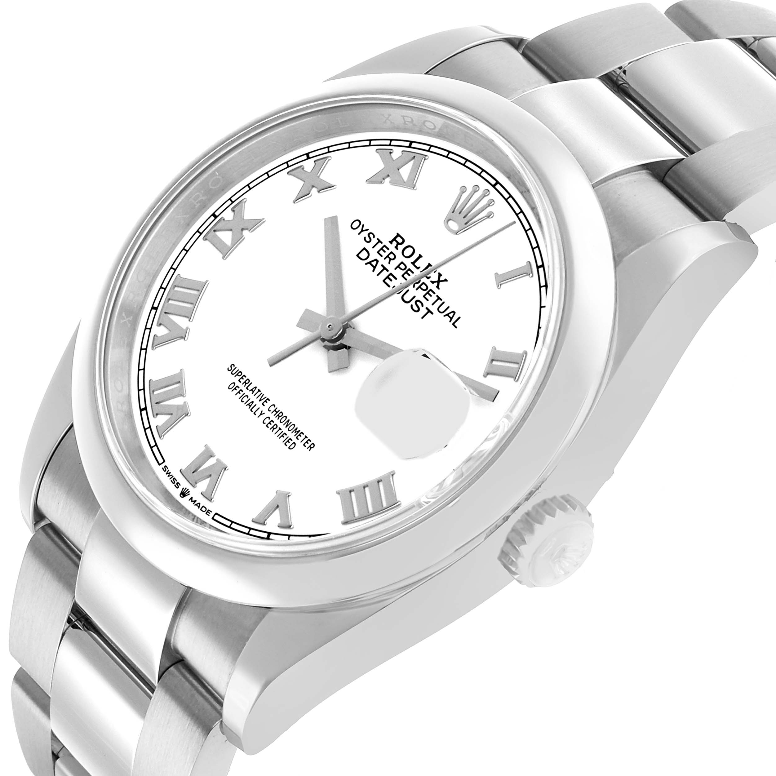 The Rolex Datejust 126200 Men's Stainless Steel White Dial watch is shown at an oblique angle highlighting the dial, bezel, bracelet, and crown.