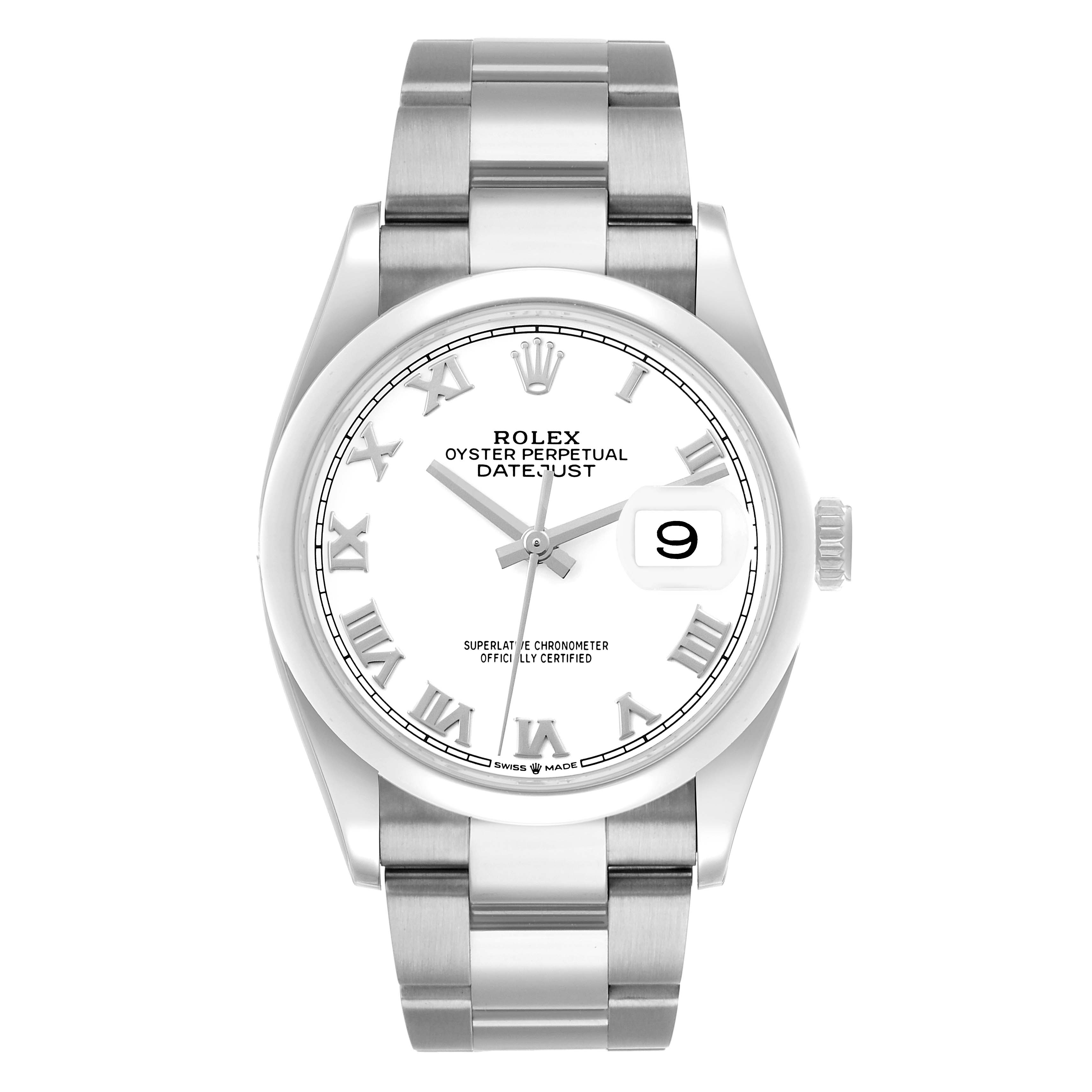 The Rolex Datejust 126200 Men's Stainless Steel White Dial watch is shown from the front, displaying the dial, bezel, and bracelet.