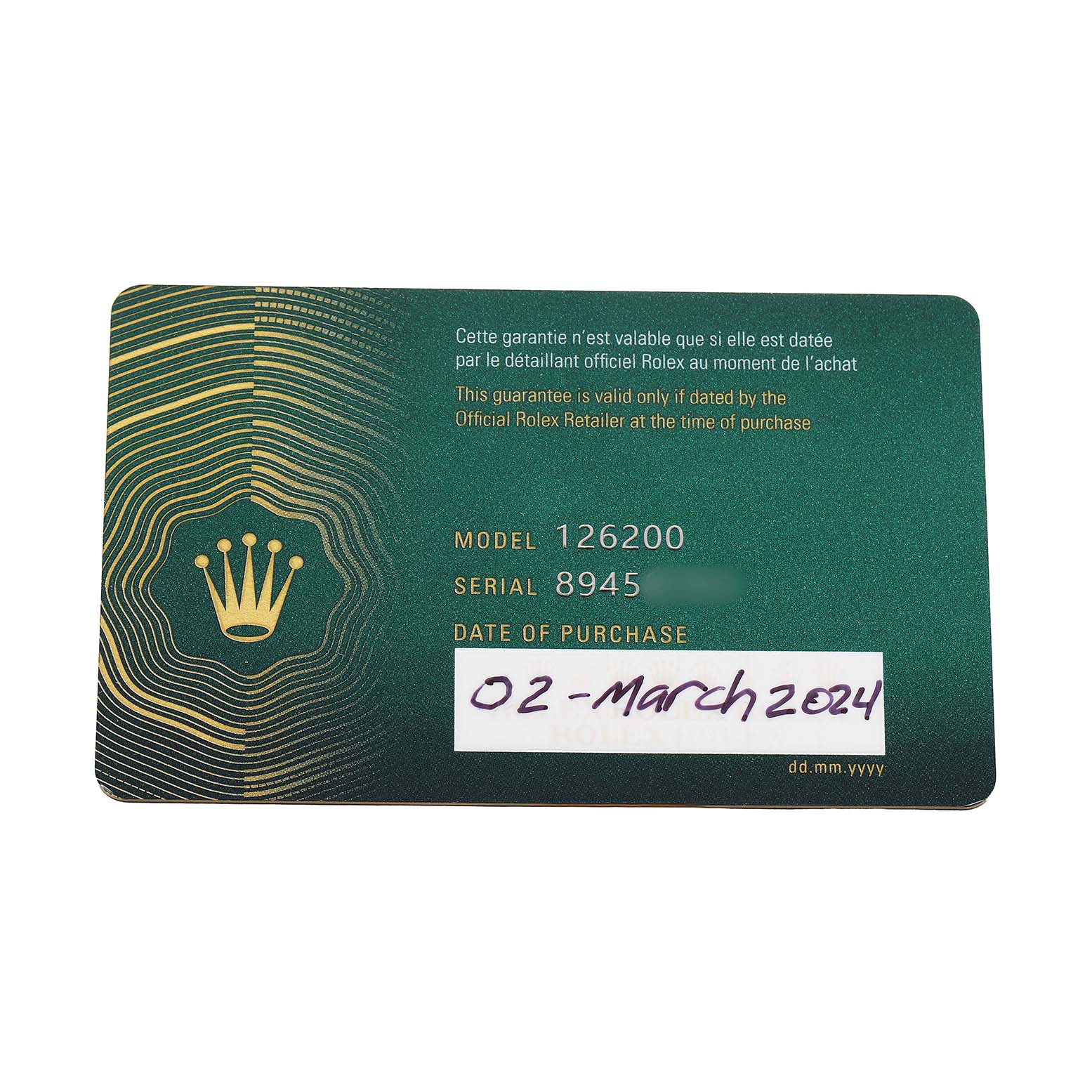 This image shows a green Rolex Datejust 126200 Men's Stainless Steel White Dial warranty card, featuring the model 126200 and purchase date.