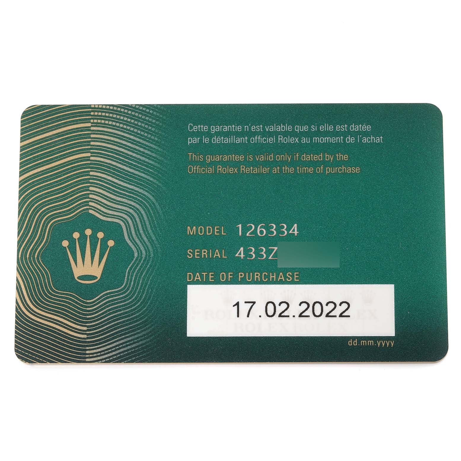 This image shows the warranty card for the Rolex Datejust 41 126334 Men
s Stainless Steel Blue Dial 126334 Men
s Stainless Steel Blue Dial model 126334, displaying the serial number and purchase date.