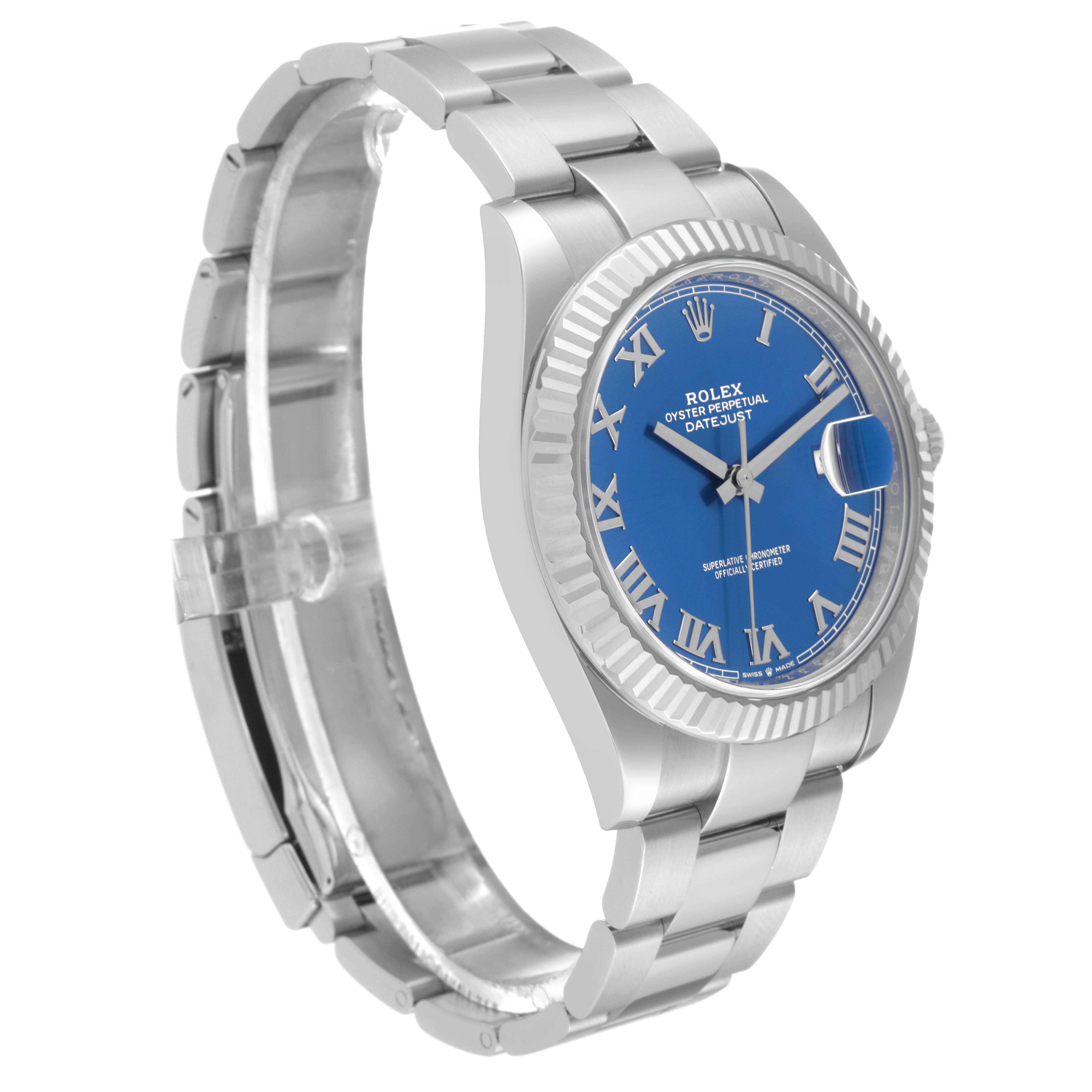 The Rolex Datejust 41 126334 Men
s Stainless Steel Blue Dial 126334 Men
s Stainless Steel Blue Dial watch is shown at a three-quarters angle, displaying its blue dial, fluted bezel, and stainless steel bracelet.