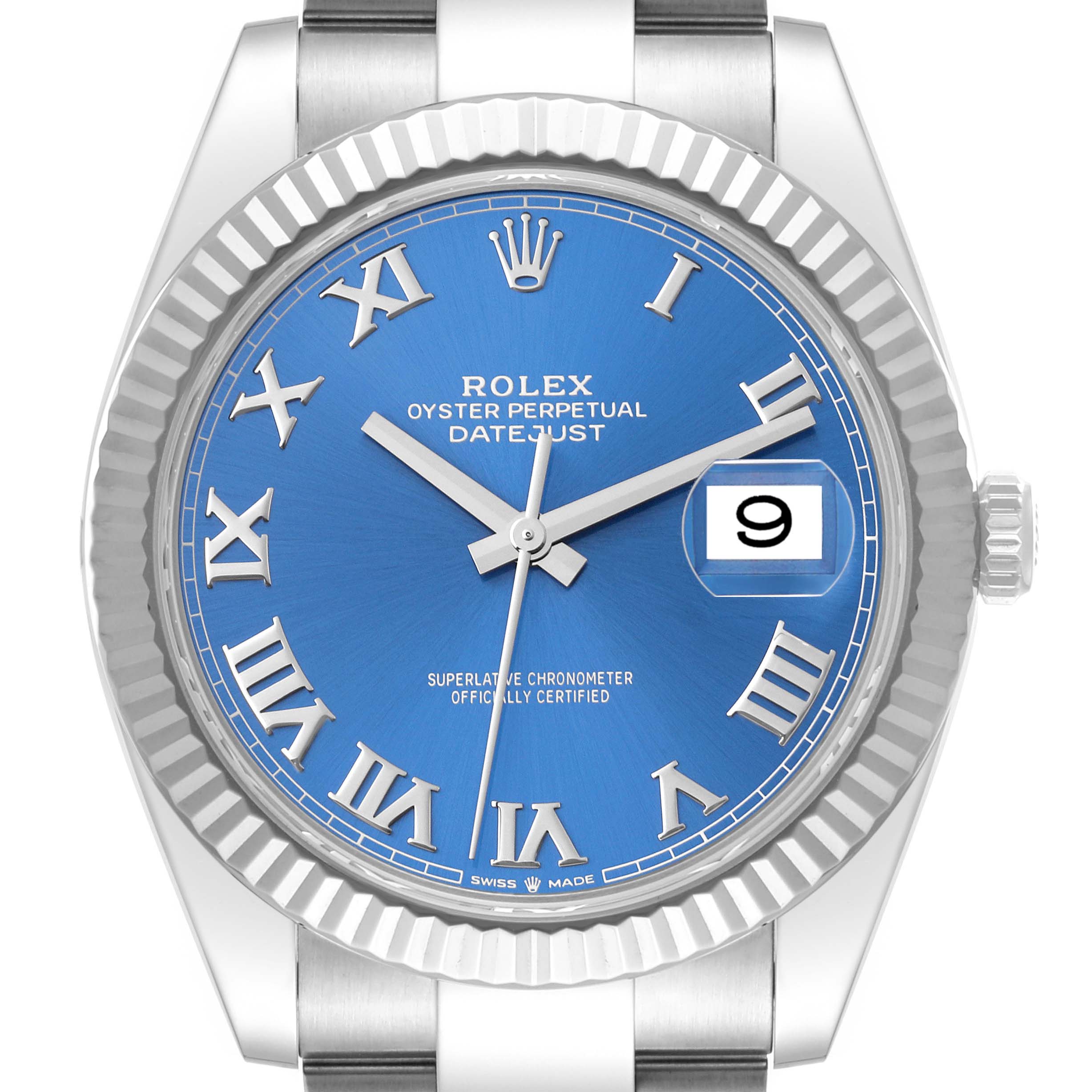 The image shows a close-up of the dial and bezel of a Rolex Datejust 41 126334 Men
s Stainless Steel Blue Dial 126334 Men
s Stainless Steel Blue Dial, featuring a blue face with Roman numerals and a date window.