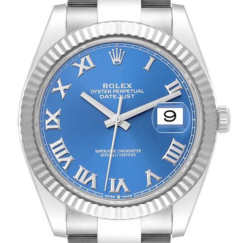 Photo of Rolex Datejust 41 Steel White Gold Blue Roman Dial Mens Watch 126334 Box Card