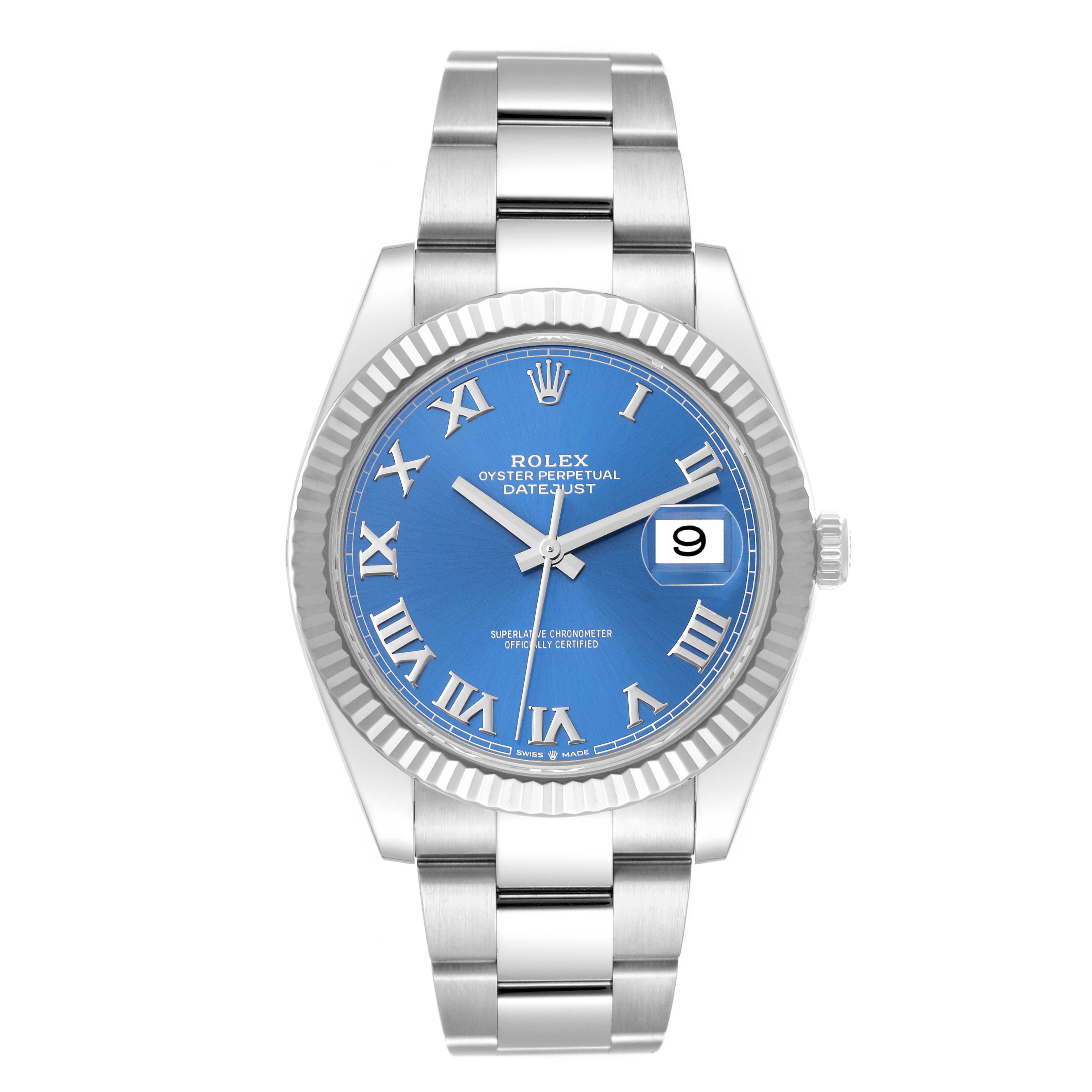 This image shows a front view of the Rolex Datejust 41 126334 Men
s Stainless Steel Blue Dial 126334 Men
s Stainless Steel Blue Dial watch with a blue dial and Roman numeral markers.