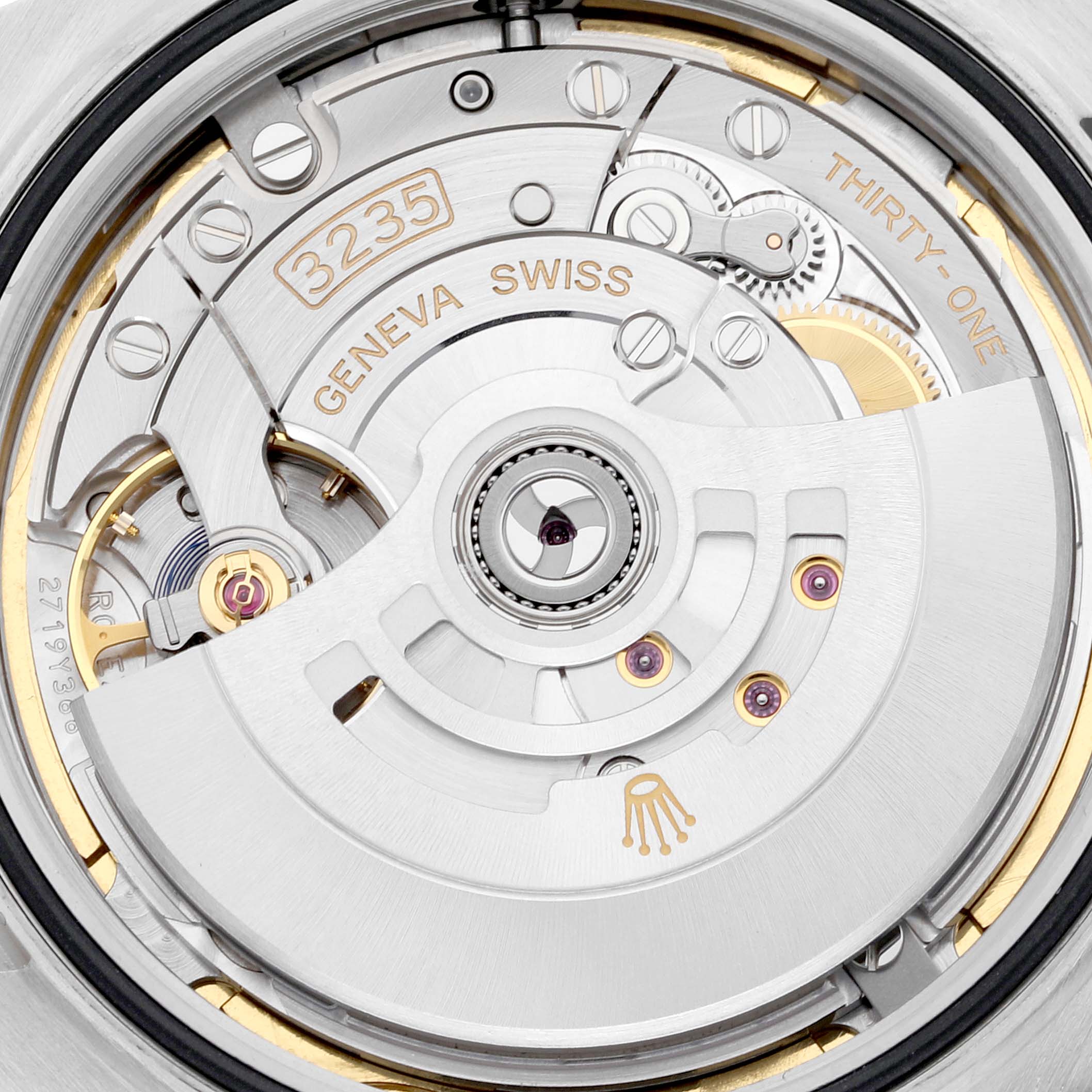 This is a close-up view of the movement mechanism of a Rolex Datejust 41 126334 Men
s Stainless Steel Blue Dial 126334 Men
s Stainless Steel Blue Dial, showing details of the 3235 caliber.