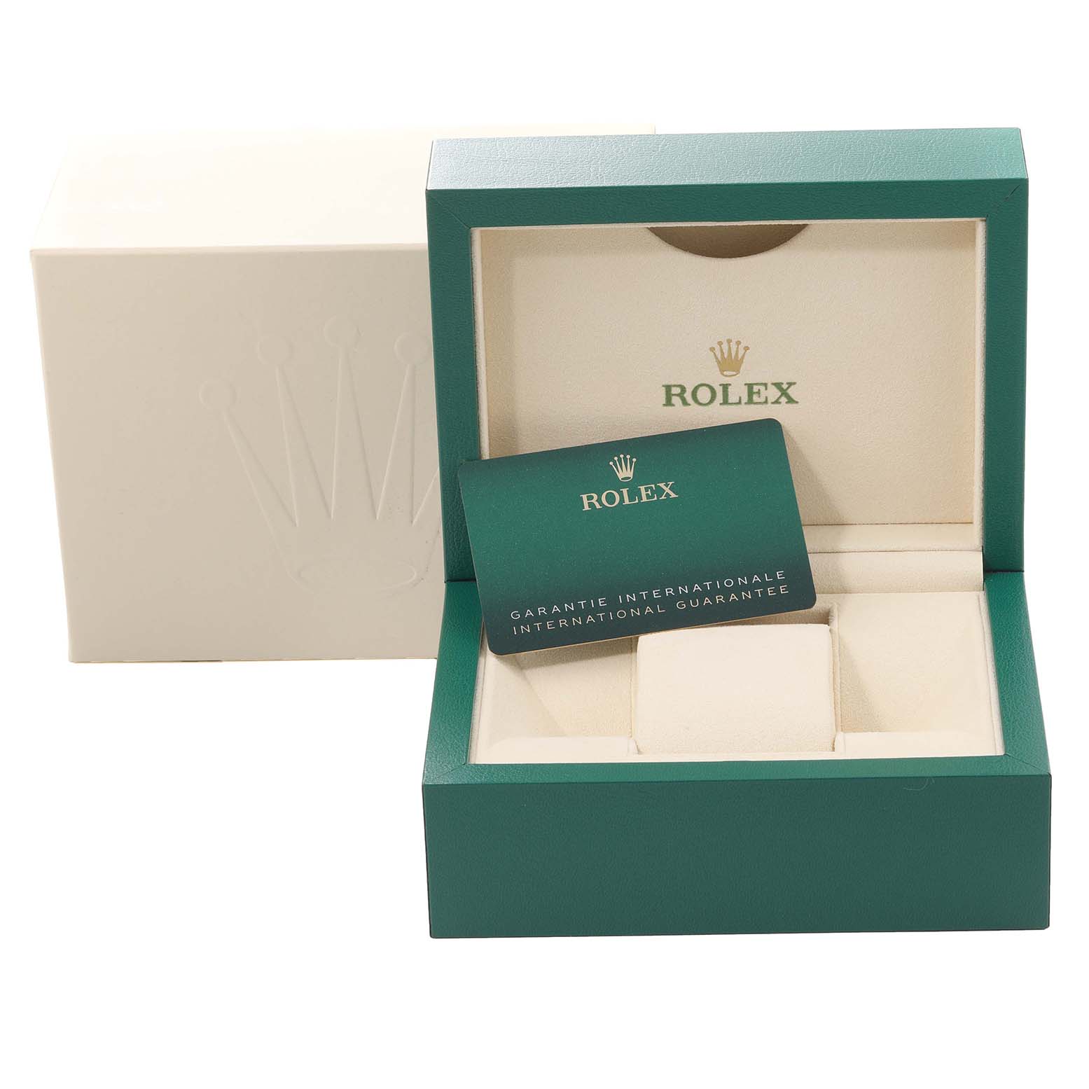 The image shows the Rolex Datejust 41 126334 Men
s Stainless Steel Blue Dial 126334 Men
s Stainless Steel Blue Dial model
s packaging, including the green box, cream interior, cushion, and warranty card.