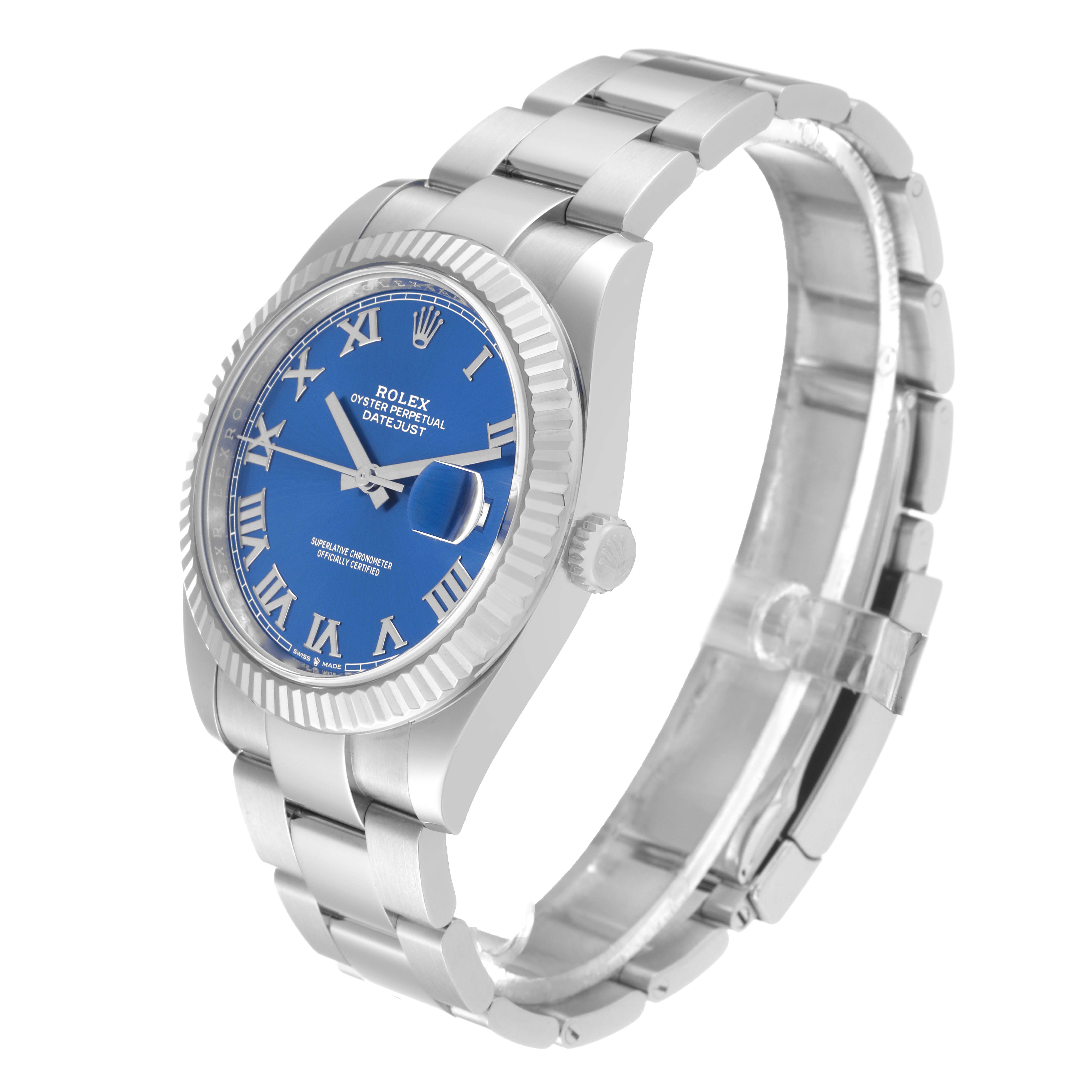 The Rolex Datejust 41 126334 Men
s Stainless Steel Blue Dial 126334 Men
s Stainless Steel Blue Dial watch is shown at a three-quarter angle, highlighting the blue dial, Roman numerals, fluted bezel, and stainless steel bracelet.