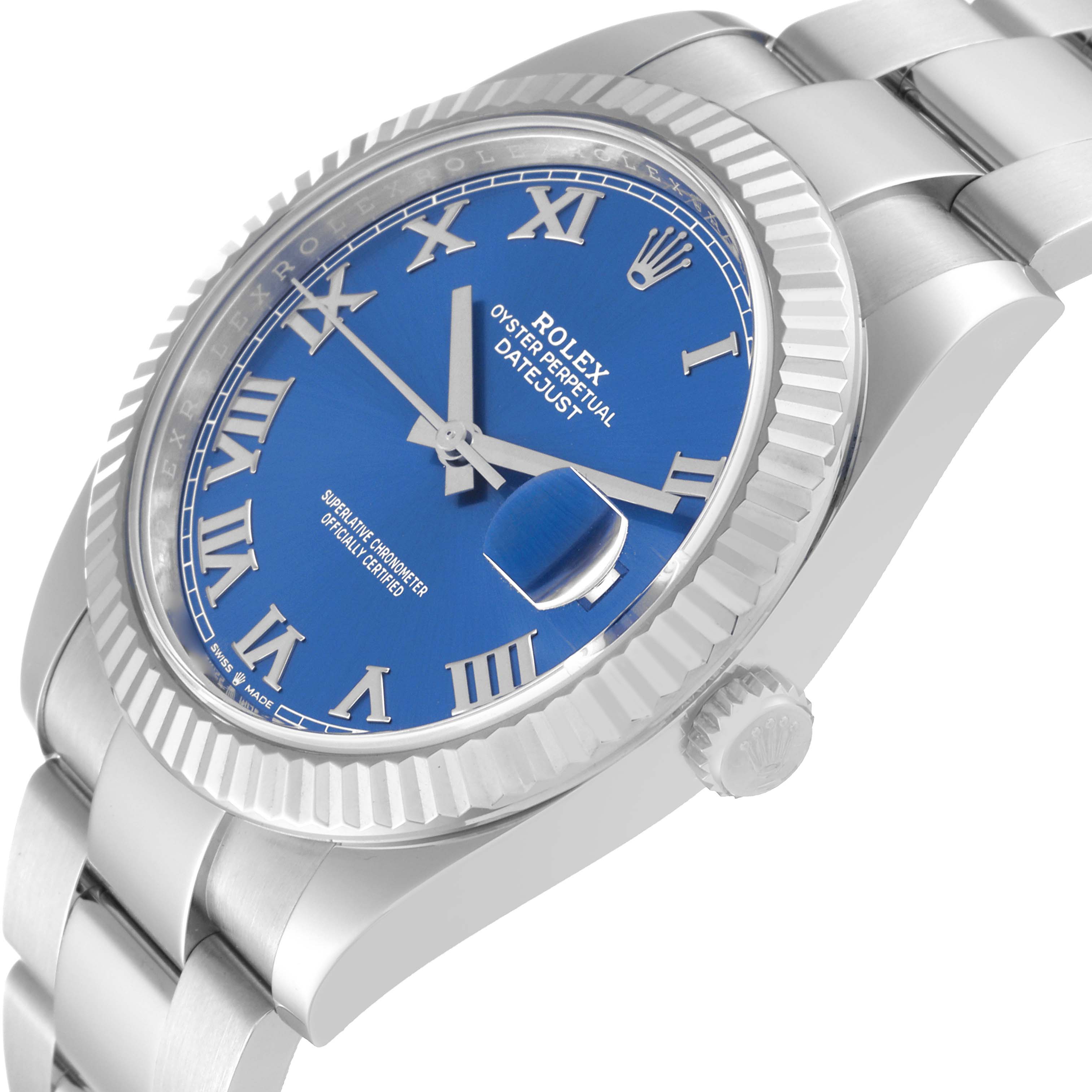 The image shows a side-angle view of the Rolex Datejust 41 126334 Men
s Stainless Steel Blue Dial 126334 Men
s Stainless Steel Blue Dial watch, highlighting the blue dial, fluted bezel, and bracelet.