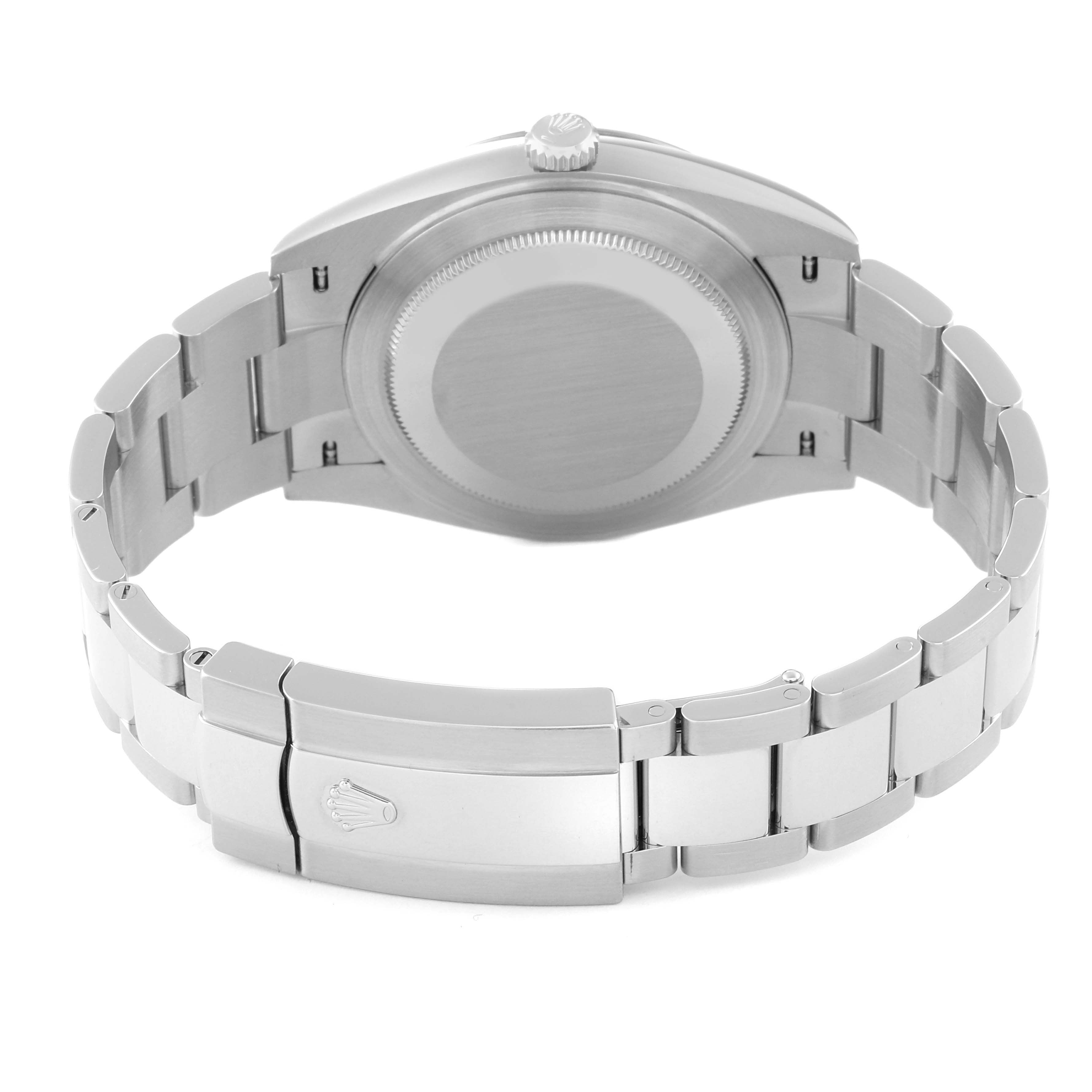 This image shows the back view of a Rolex Datejust 41 126334 Men
s Stainless Steel Blue Dial 126334 Men
s Stainless Steel Blue Dial watch, highlighting the case back, crown, and bracelet clasp.