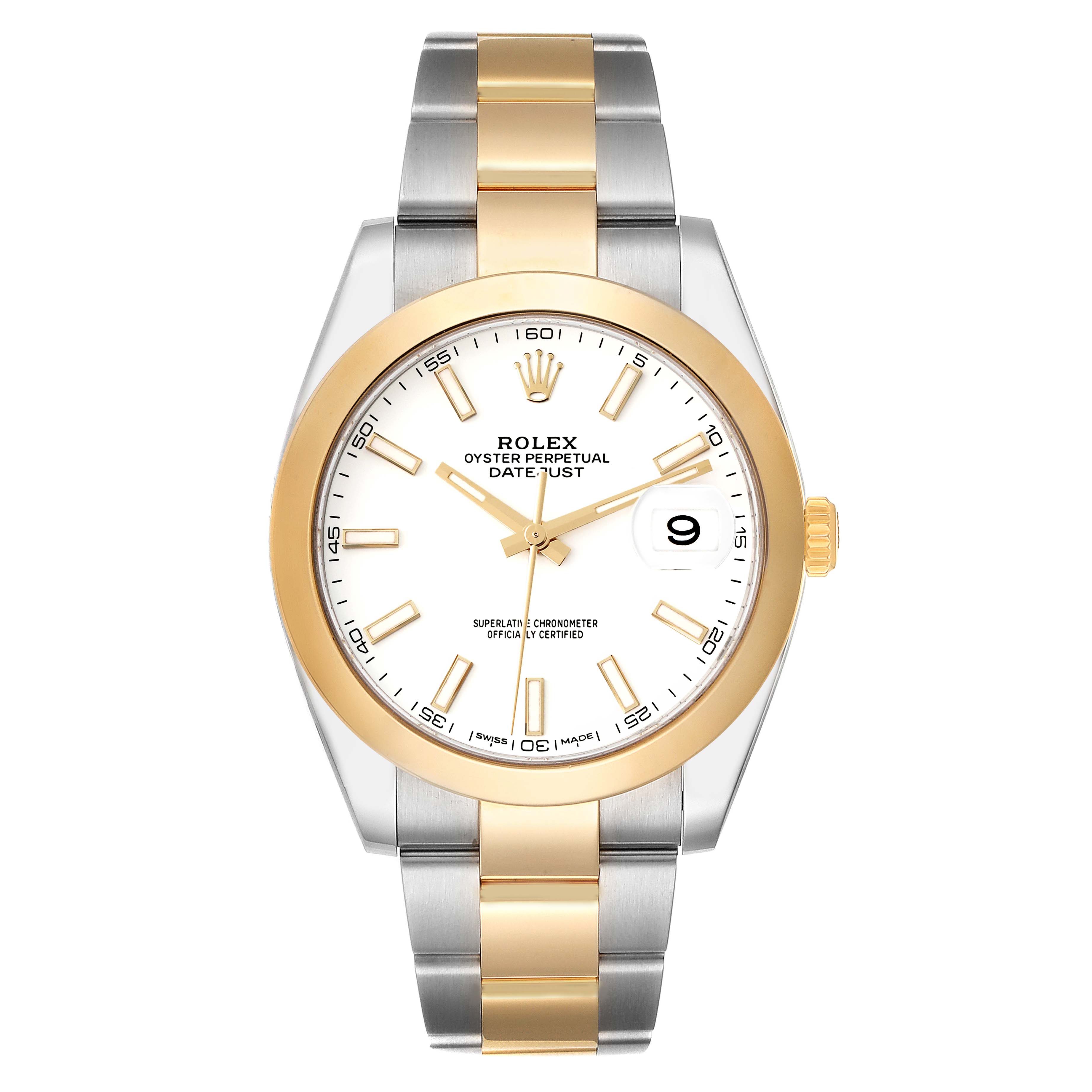 This image shows a front view of the Rolex Datejust 41 126303 Men's Steel and Gold (two tone) White Dial 126303 Men's Steel and Gold (two tone) White Dial watch, featuring a two-tone bracelet and a white dial.