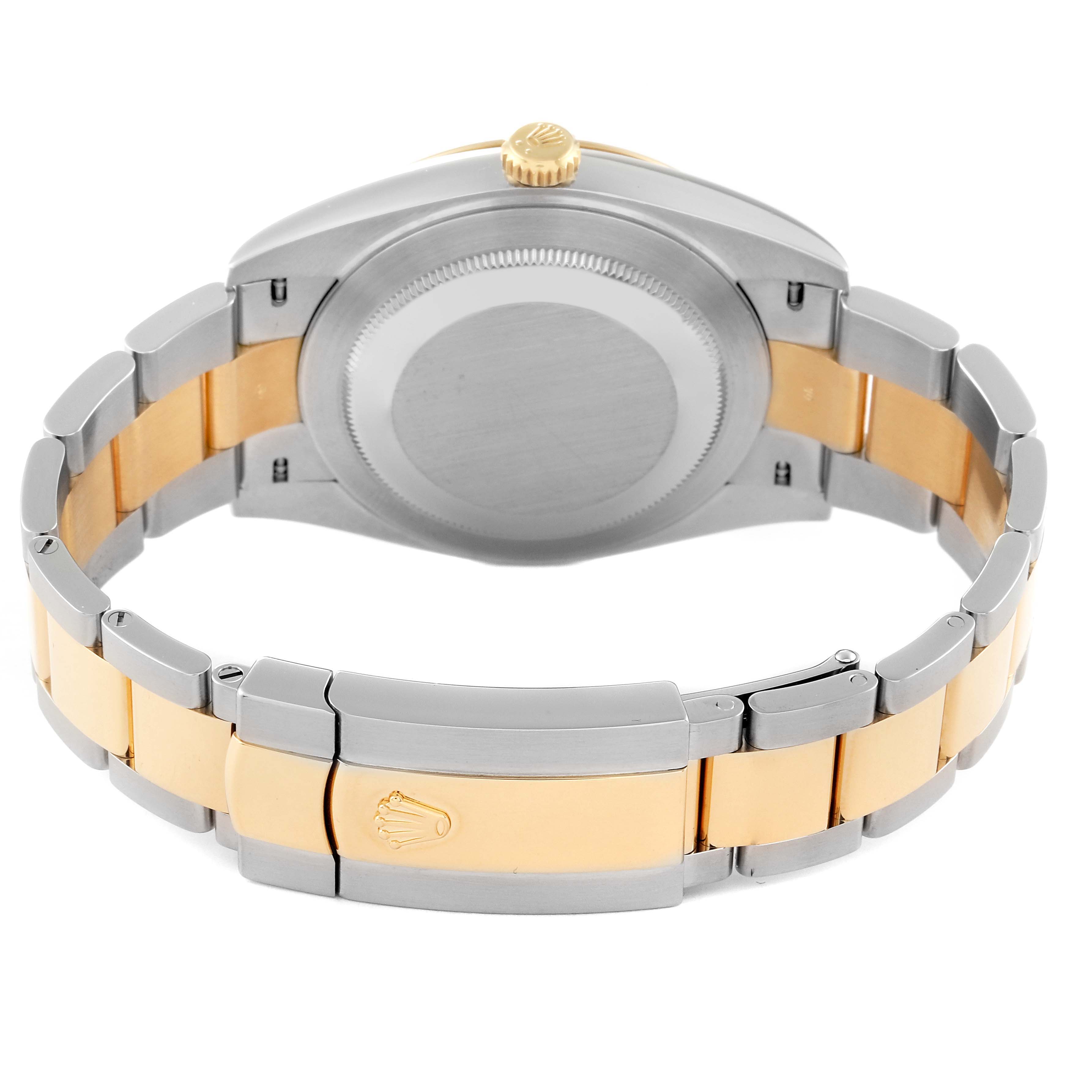 This image shows the back and bracelet of the Rolex Datejust 41 126303 Men's Steel and Gold (two tone) White Dial 126303 Men's Steel and Gold (two tone) White Dial, highlighting the clasp and the bi-metal links.