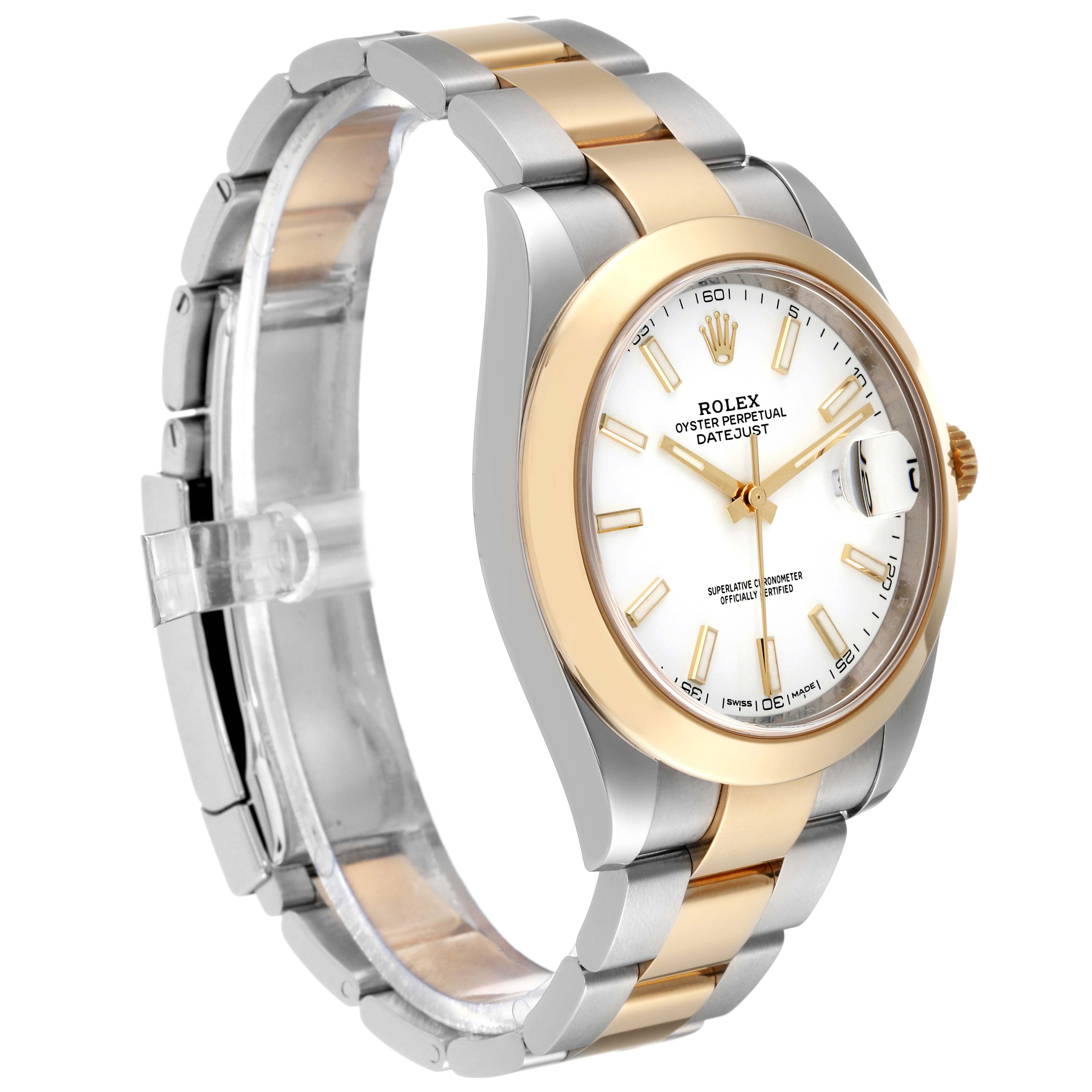 The image shows the Rolex Datejust 41 126303 Men's Steel and Gold (two tone) White Dial 126303 Men's Steel and Gold (two tone) White Dial watch at a slight angle, highlighting its face, bezel, crown, and bracelet.