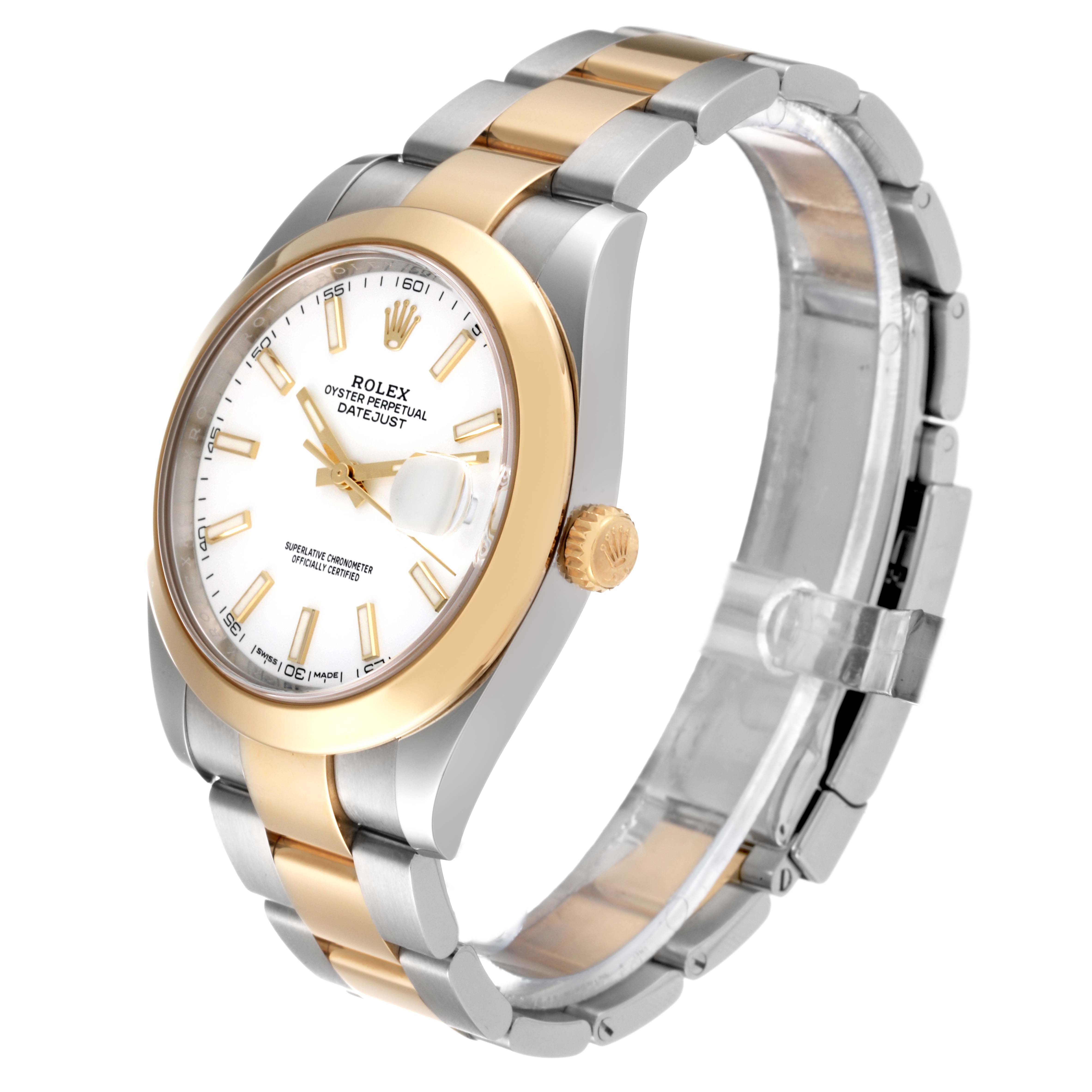 The Rolex Datejust 41 126303 Men's Steel and Gold (two tone) White Dial 126303 Men's Steel and Gold (two tone) White Dial watch is shown at a three-quarter angle, highlighting the gold and silver bracelet, crown, and white dial.