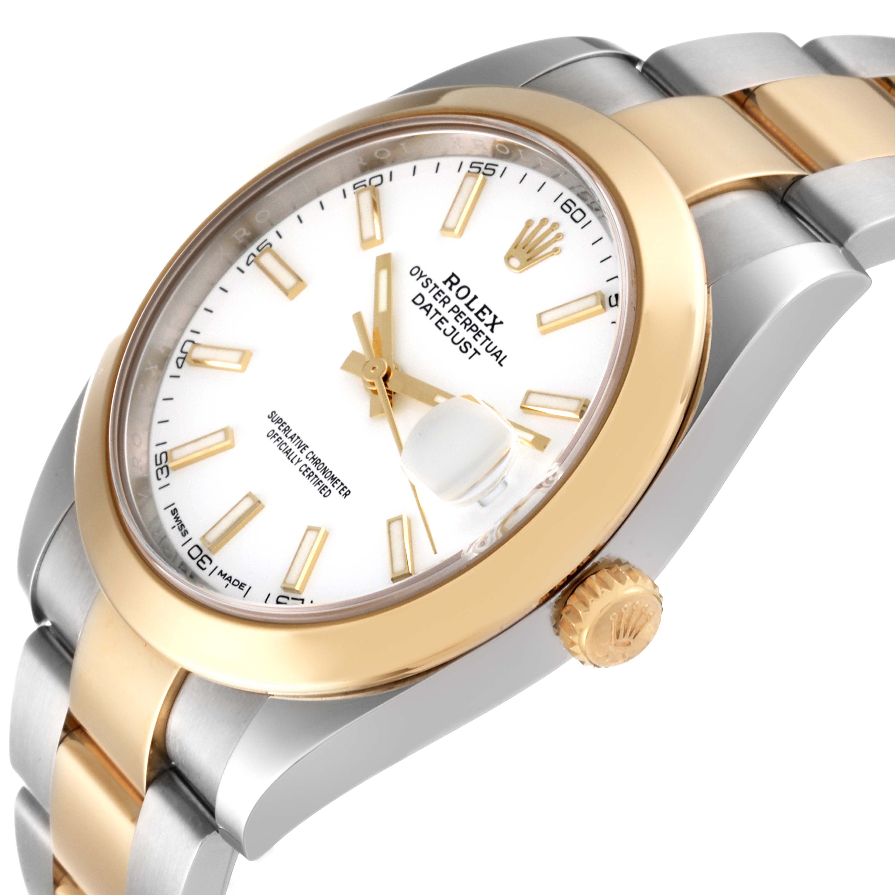 The Rolex Datejust 41 126303 Men's Steel and Gold (two tone) White Dial 126303 Men's Steel and Gold (two tone) White Dial is shown from a slight side angle, highlighting the dial, bezel, and two-tone bracelet.