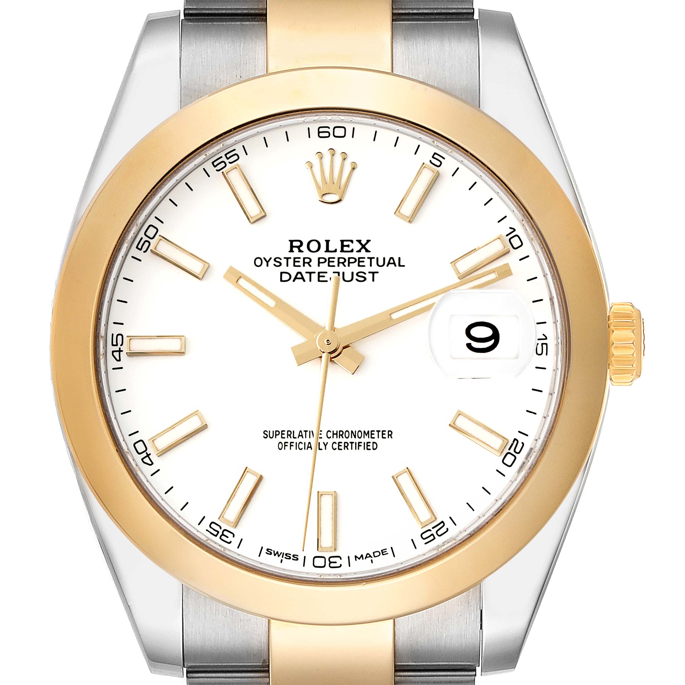 The image shows the front view of the Rolex Datejust 41 126303 Men's Steel and Gold (two tone) White Dial 126303 Men's Steel and Gold (two tone) White Dial watch, featuring its dial, hands, date window, and part of the bracelet.
