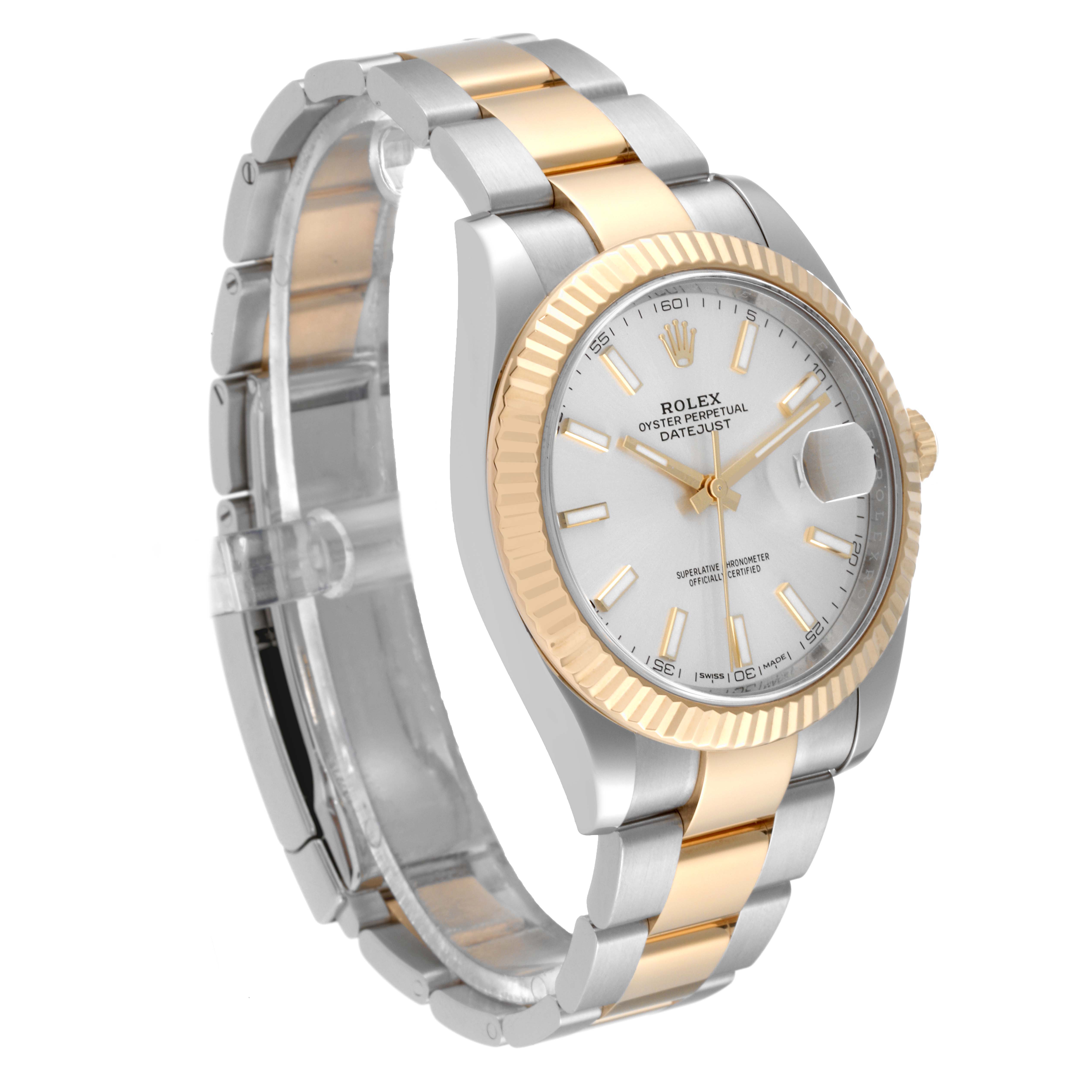 This image shows a Rolex Datejust 41 126333 Men's Steel and Gold (two tone) Silver Dial 126333 Men's Steel and Gold (two tone) Silver Dial model watch at a three-quarter angle, highlighting the face, bezel, and bracelet.