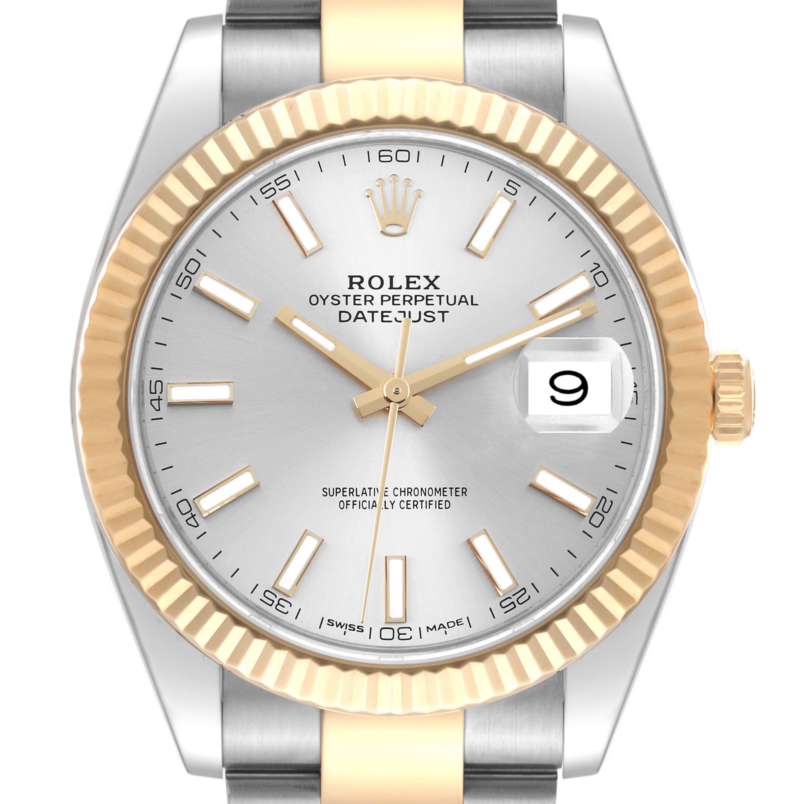 The image shows a frontal view of the Rolex Datejust 41 126333 Men's Steel and Gold (two tone) Silver Dial 126333 Men's Steel and Gold (two tone) Silver Dial watch, displaying its dial, bezel, crown, and part of the bracelet.
