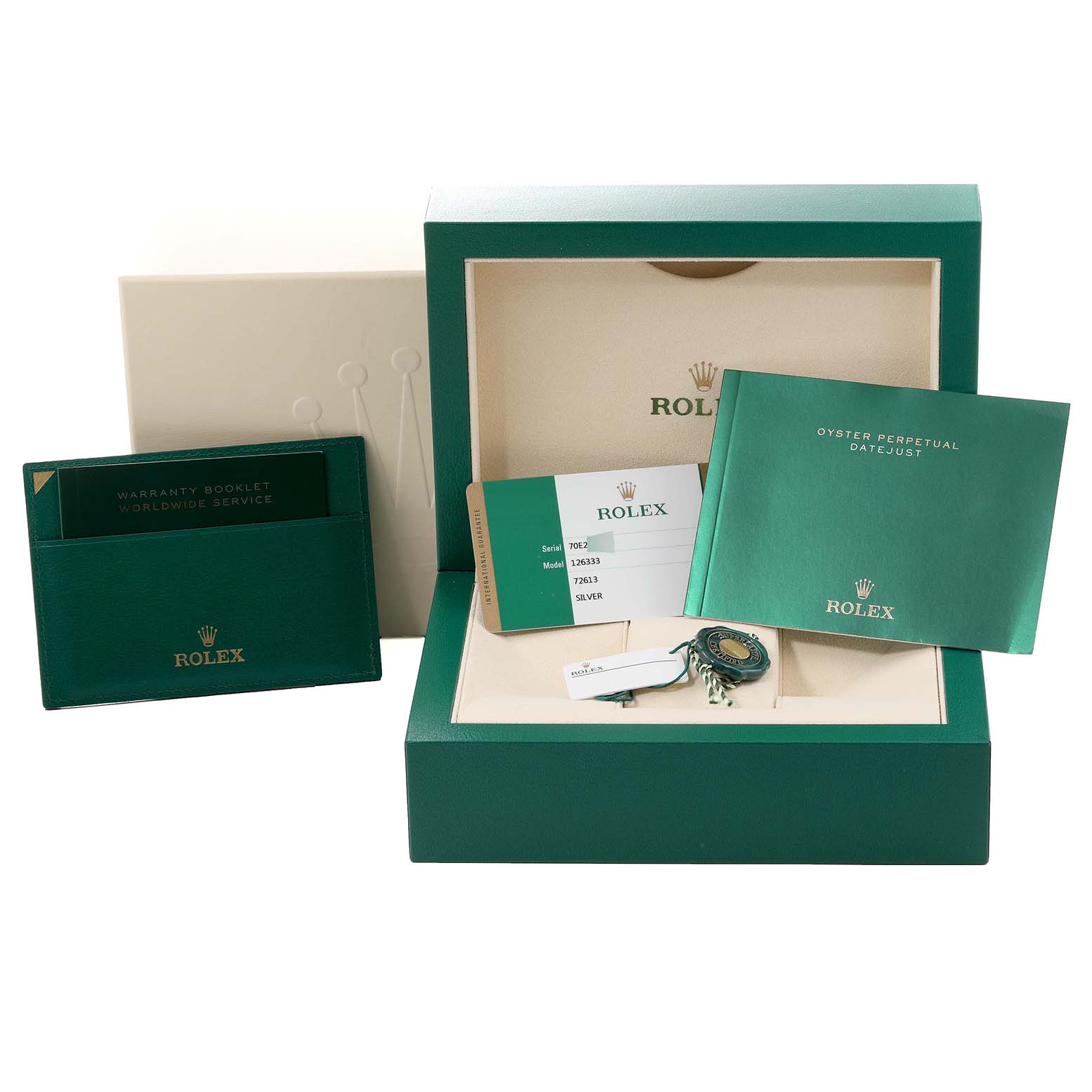 The image shows the packaging, warranty booklet, and tags for a Rolex Datejust 41 126333 Men's Steel and Gold (two tone) Silver Dial 126333 Men's Steel and Gold (two tone) Silver Dial watch.