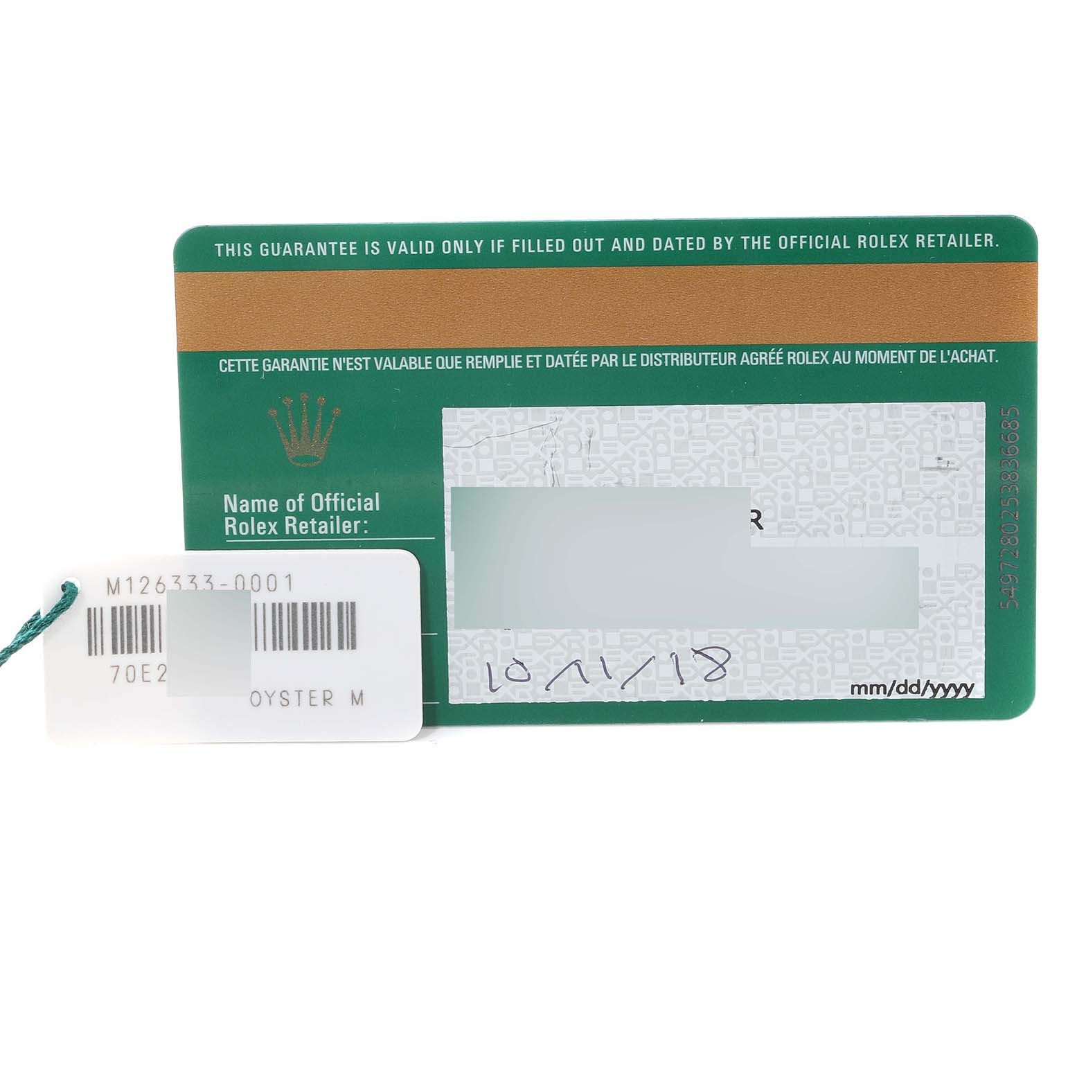 The image shows the warranty card and a tag for a Rolex Datejust 41 126333 Men's Steel and Gold (two tone) Silver Dial 126333 Men's Steel and Gold (two tone) Silver Dial.